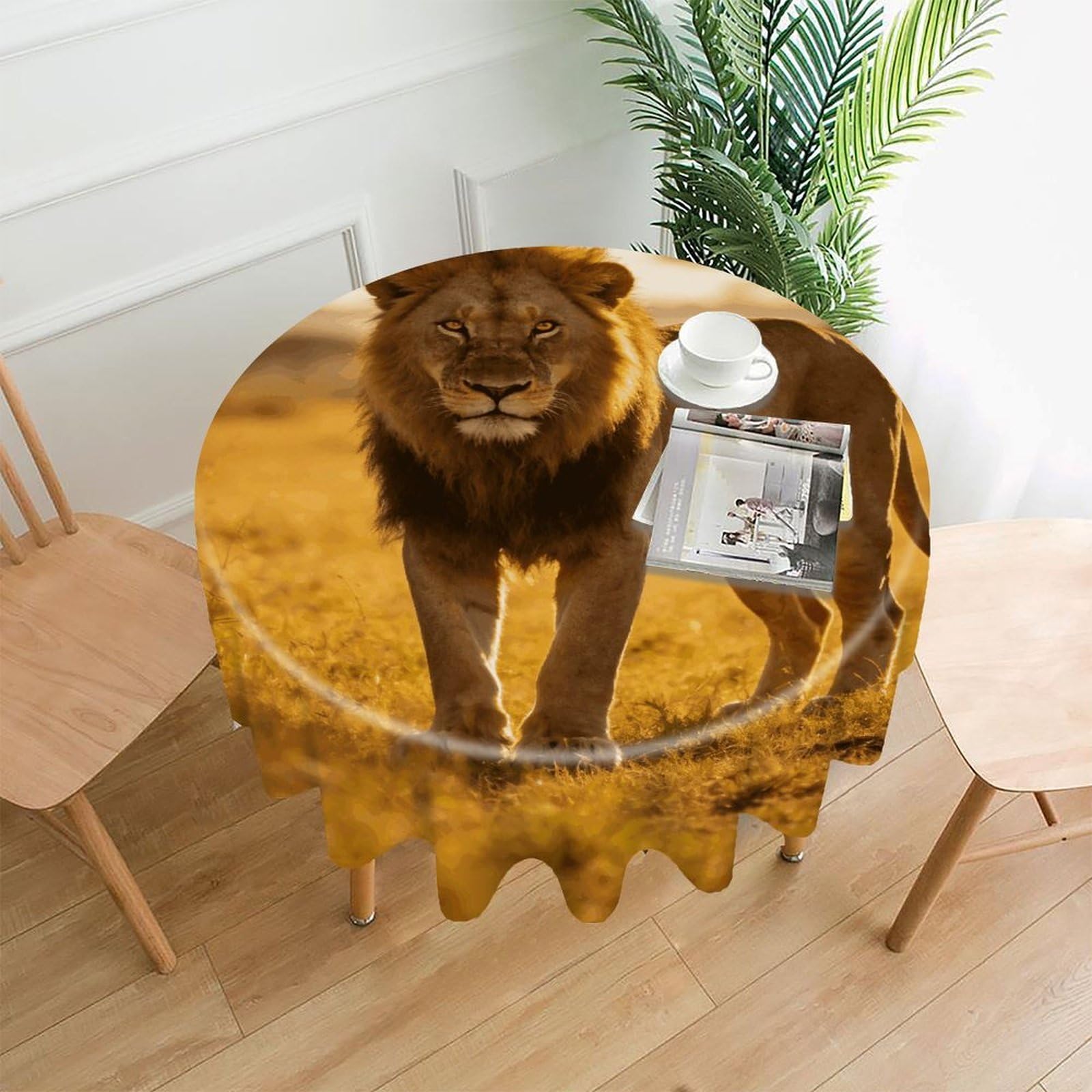 LZQPOEAS Wild Lion of The Wilderness Tablecloth Easy to Clean Polyester Round Table Cover Washable Round Table Cloth Wrinkle-Free Circle Decoration Tablecloth for Kitchen and Dining Room 60"
