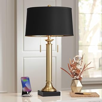 Wynne 30" Large Table Lamp Black Dual USB Ports Warm Gold 2-Light | USB Ports A+C Charging Traditional Glam Brass Metal Living Room Bedroom House Bedside Nightstand Office Reading Family Drum