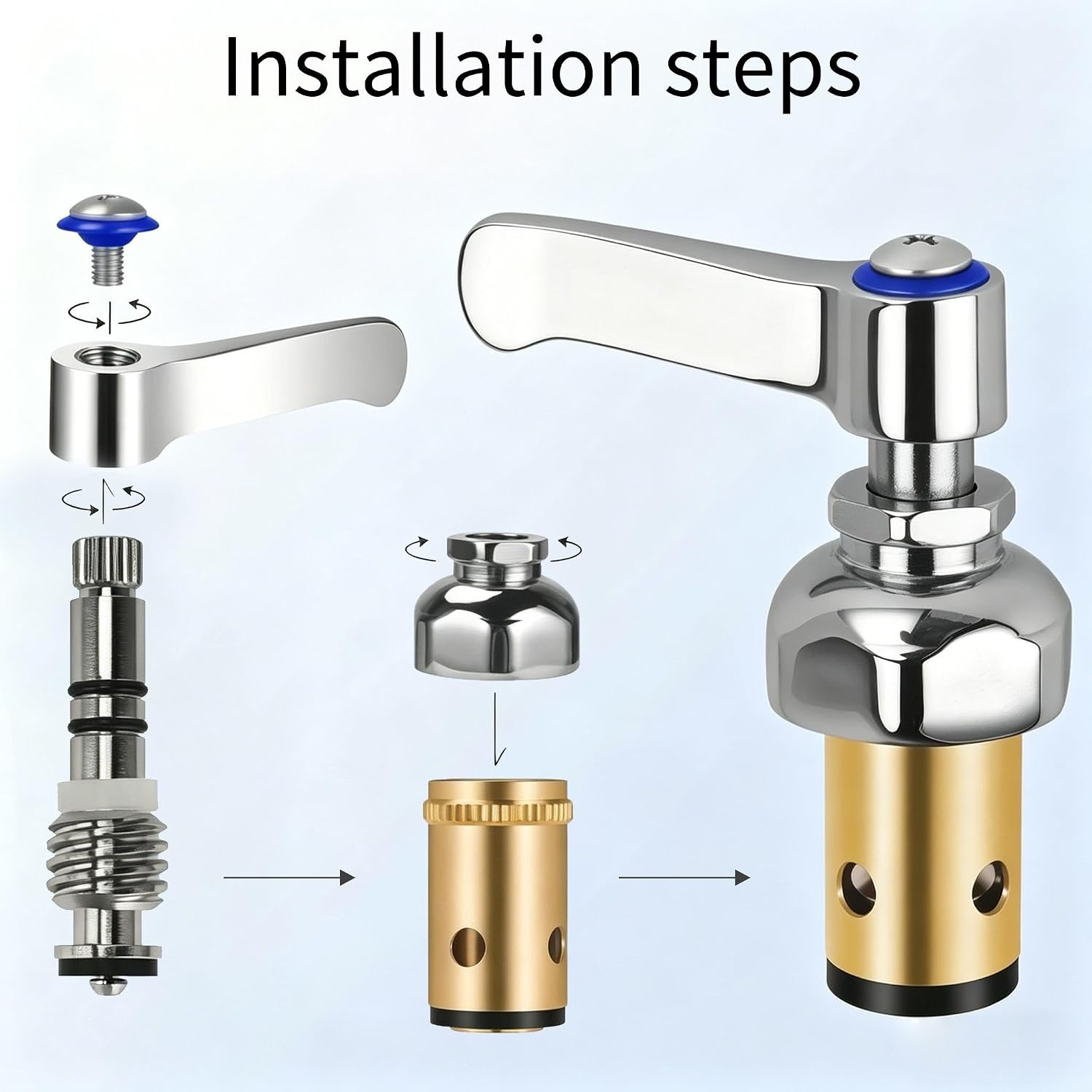 Handle Stem Assembly with Blue Cold & Red Hot Side, Spindle Assembly Valve Replacement Part for T&S Faucet Parts, Commercial Faucet Parts Silver 2-Pack (002713-40 002714-40)