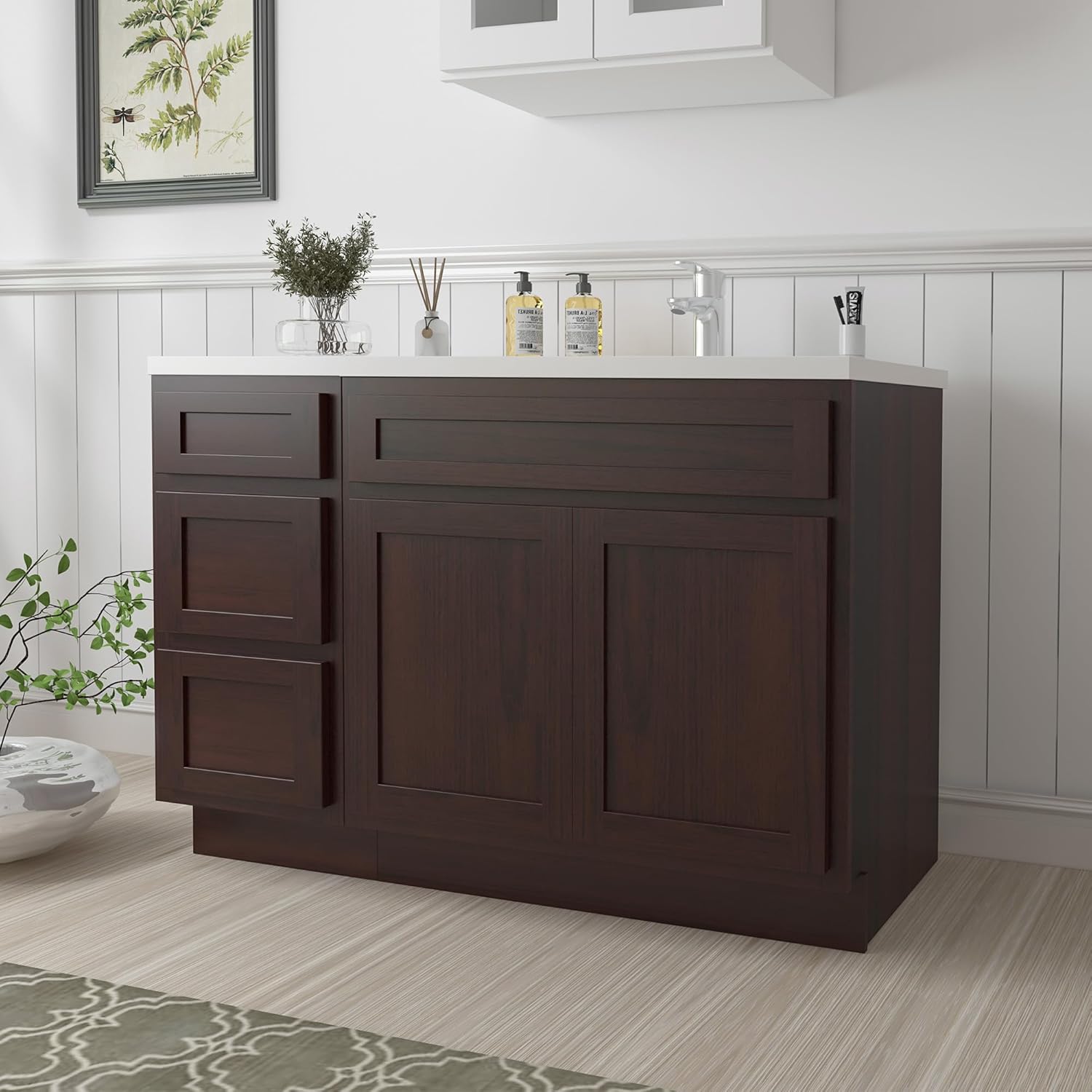 Vanity Art 48 inch Bathroom Vanity with Double Shutter Door, Wood Bathroom Vanity Cabinet with Soft Closing Shaker Drawer, Sturdy Floor Mounted Storage Cabinet Organizer for Bathroom, VA4048-3-B