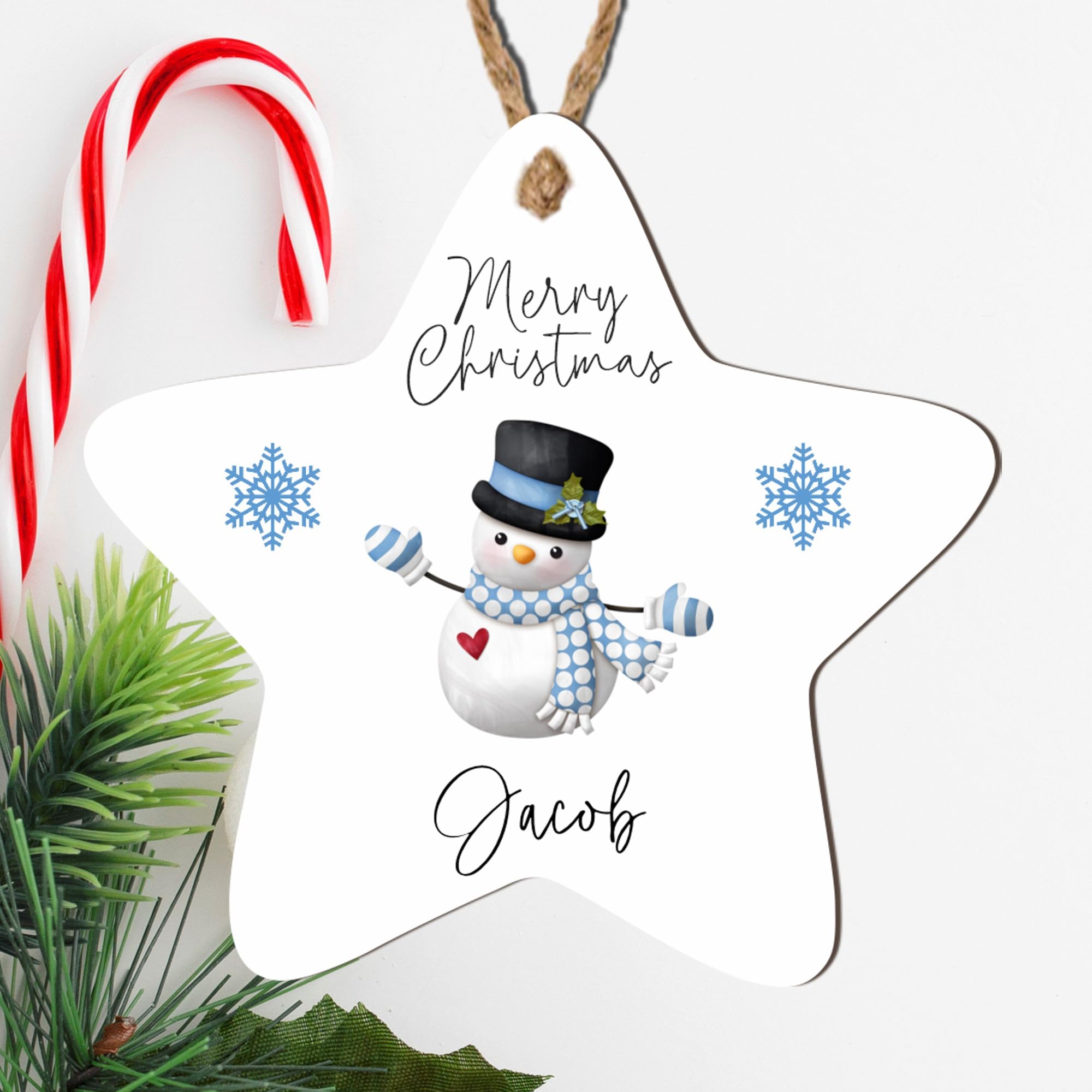 Personalised 'Merry Christmas' Tree Bauble - 8 Designs to Choose from - Custom Name Decorations - Holiday Keepsakes - Gift for Kids, (Mdf Wood Indoor Use Only, Snowman with Blue Scarf)
