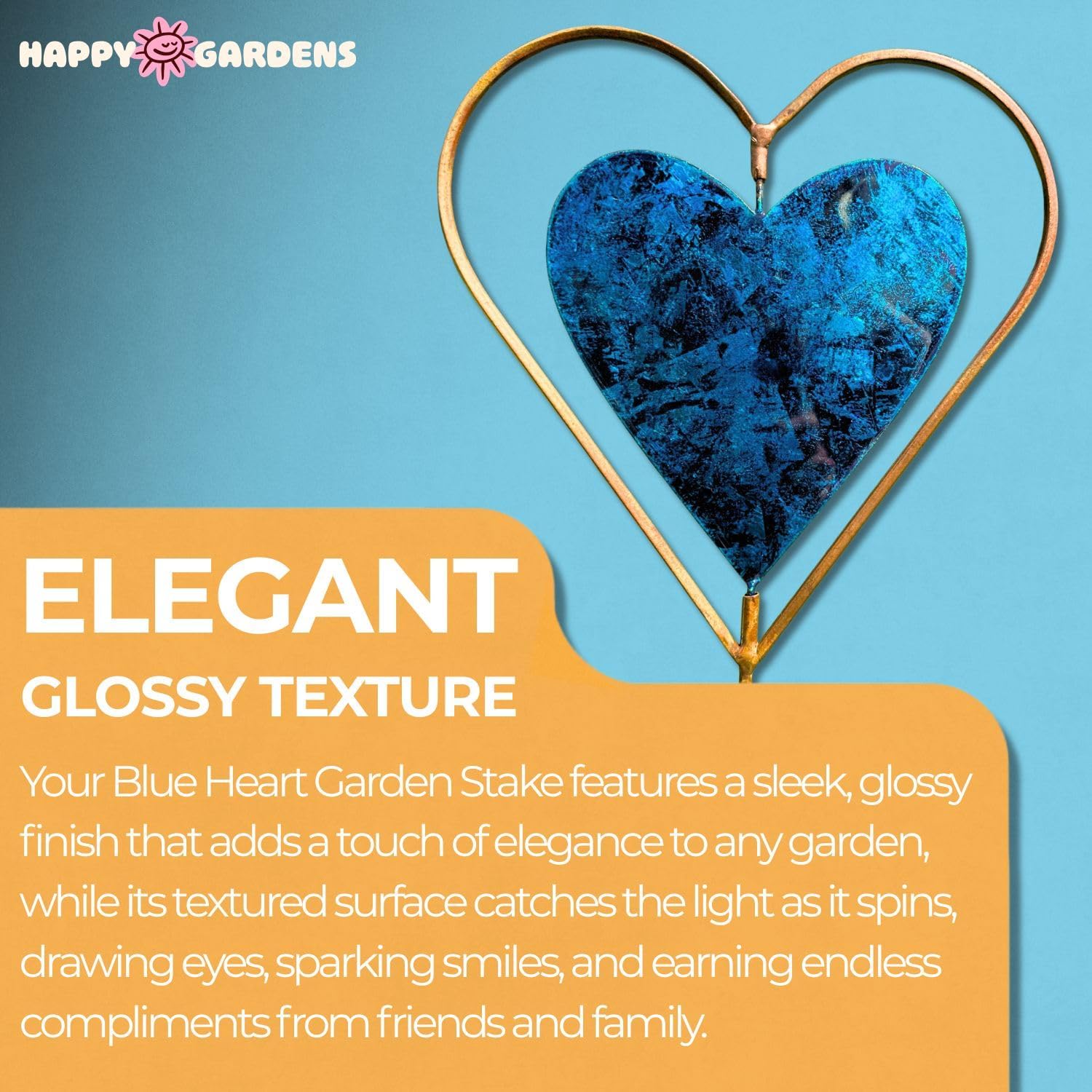 Happy Gardens Metal Garden Stake with Blue Heart Spinner (27” Tall - Glossy, Textured Finish) Decorative Large Outdoor Yard Art, and Outside Decor