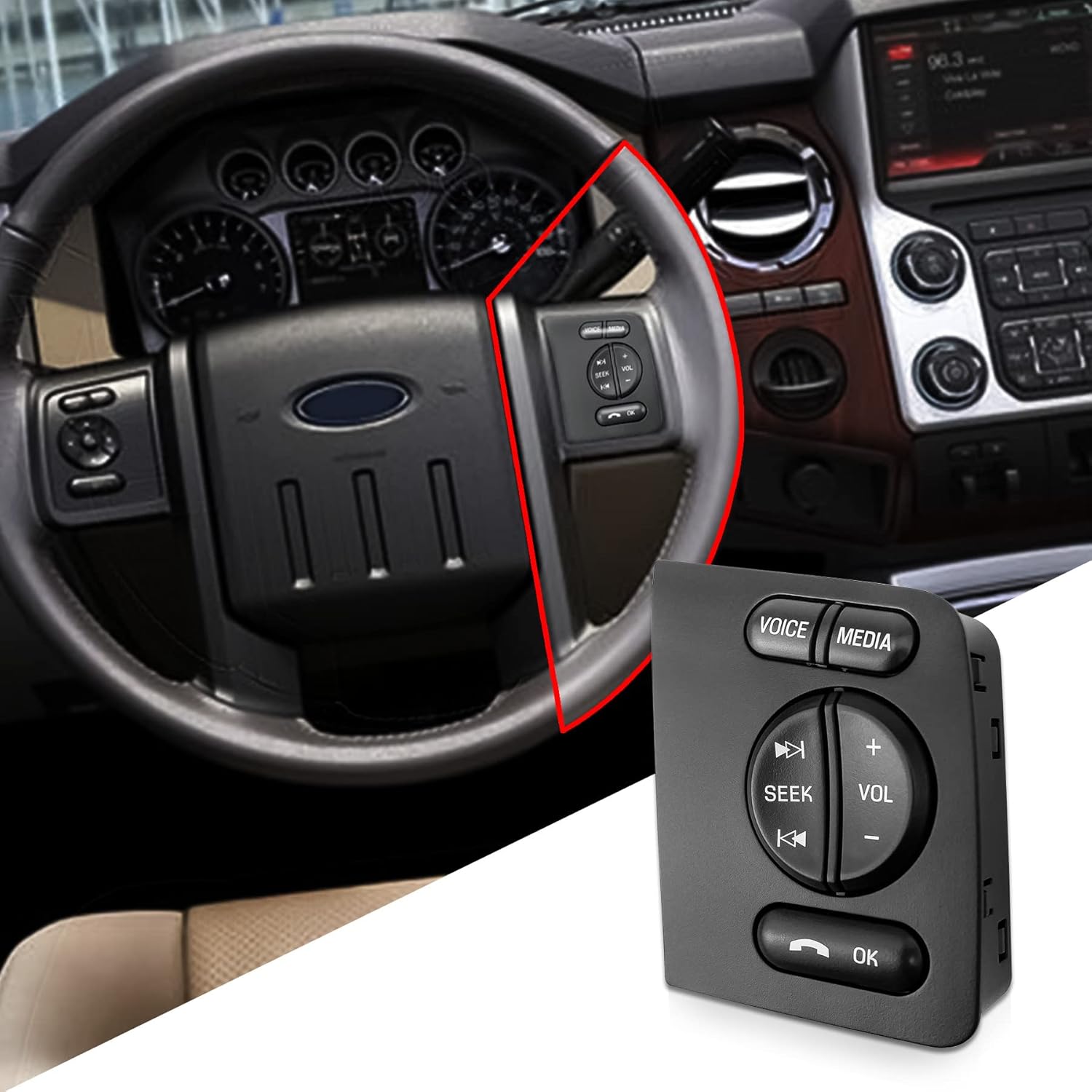 Steering Wheel Control Switch Button Fit for Ford F-250 F250 2009-2014, Right Passanger Side Media Voice Switch Replace BC3Z-9C888-CA