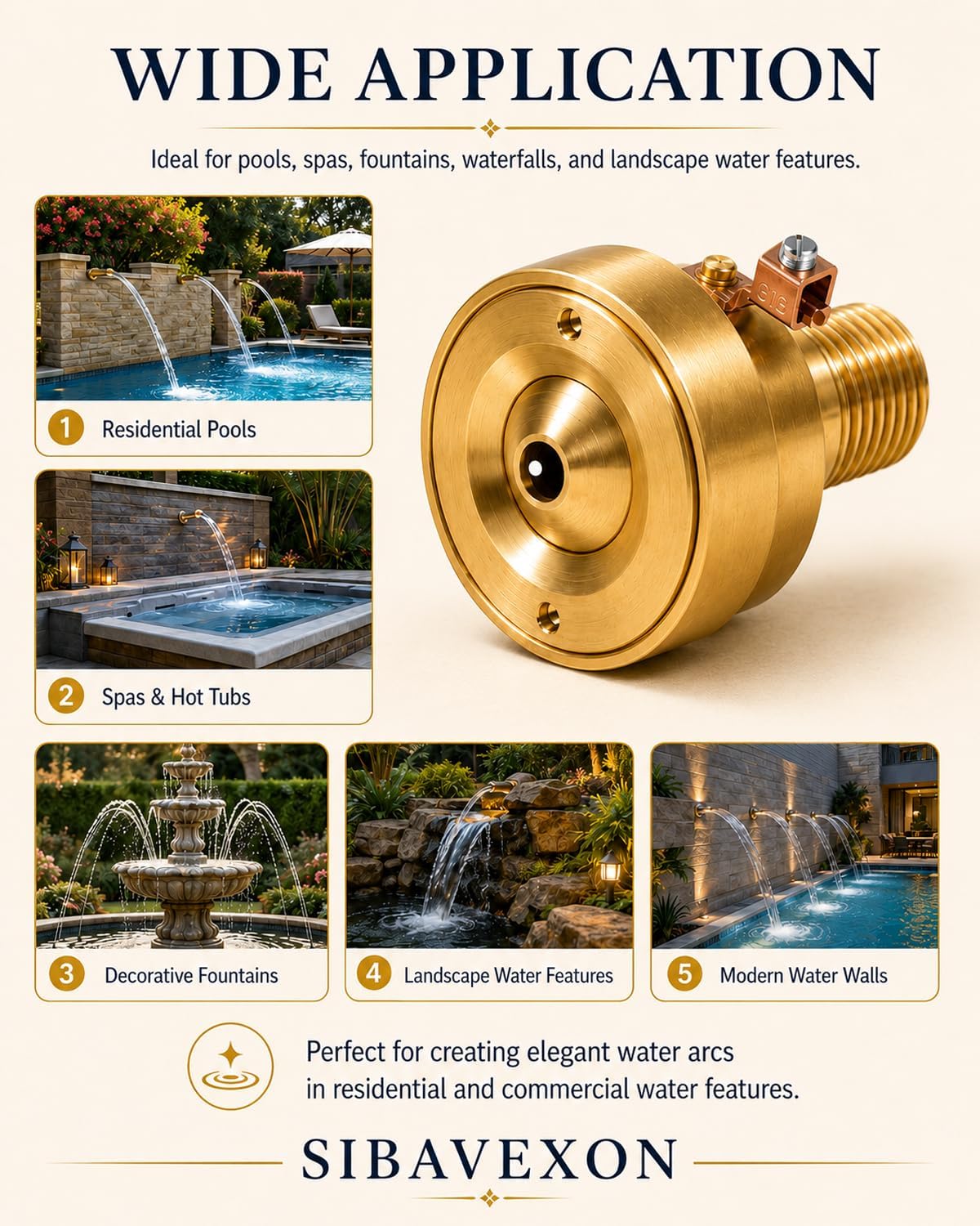 Pool Deck Jet Fountain Nozzle, Brass, 1 in Male Thread, Grounding Lug