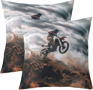 Manfei Motorcycle Rider Kids Throw Pillow Cover,Race Car Motocross Pillow Case,Extreme Sport Style Bed Couch Sofa Cushion Cover,Grey Brown Home Decor,2 Pack 16"x16"