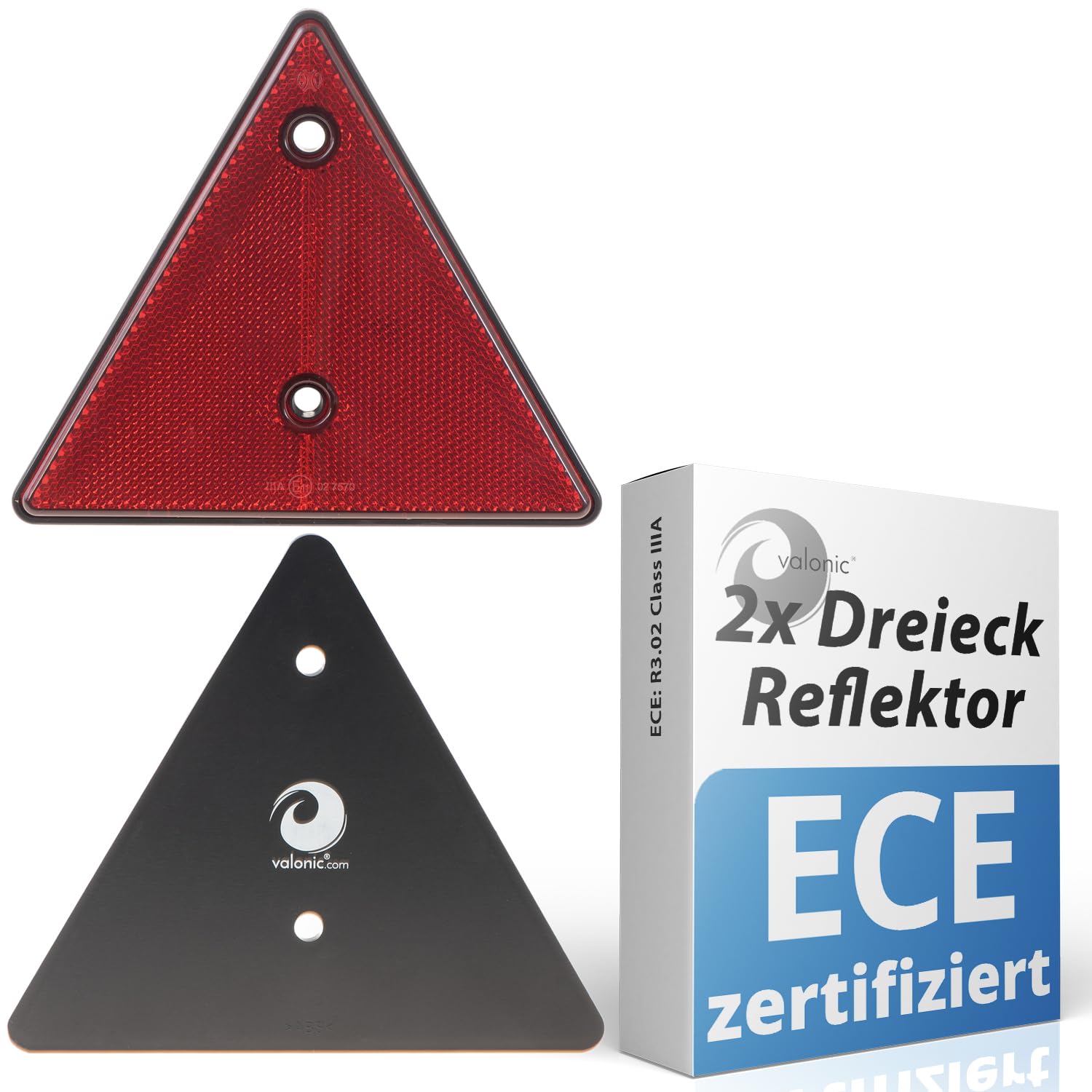 valonic Dreieck Rückstrahler, 2 Stück - zertifiziert nach ECE: R3.02 Class IIIA (für Strassenverkehr)- 15cm - Reflektor für Anhänger - rot - keine Schrauben enthalten