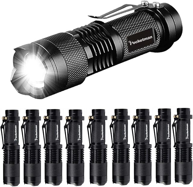 POCKETMAN Mini Flashlight 7W 300 lumens Portable Mini Q5 LED Flashlight Tactical Lamp LED Flashlight Adjustable Focus Zoomable Light for Gift, Hiking, Camping & Power Outage (10 Pack)