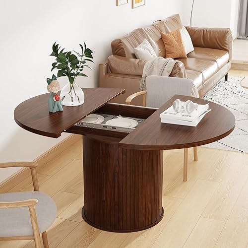 Miniatura 6 de Mesa de comedor redonda extensible, mesa de comedor extensible de madera para 4 a 8 personas con puerta corredera, base redonda acanalada con madera