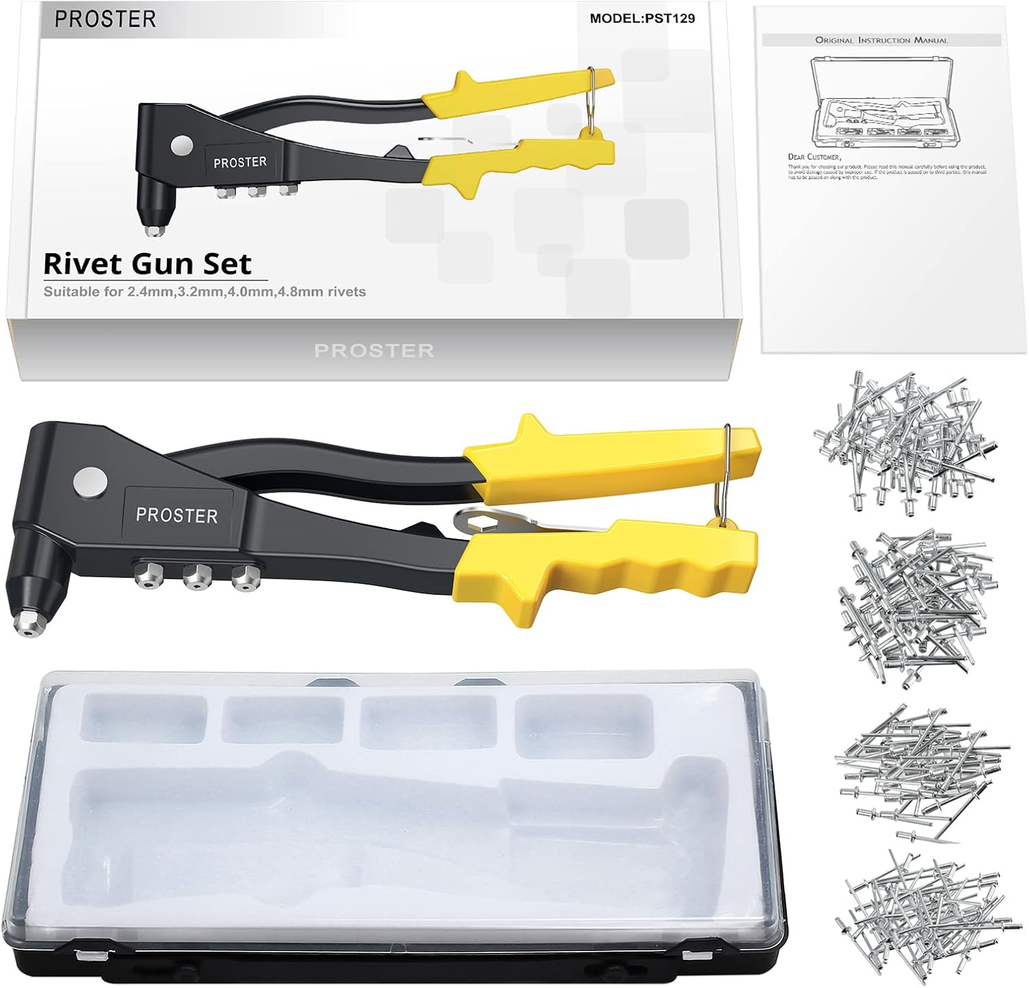 Proster Professional Pop Rivet Gun with 200 Rivets Hand Repair Tools Riveter, Heavy Duty Hand Riveter Set for Metal, Wooden and Plastic