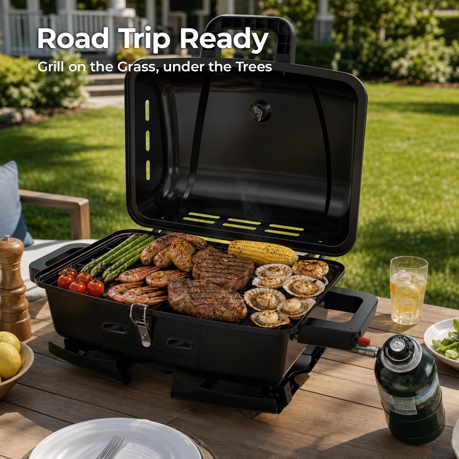 BrandMan - Griglia portatile a gas propano da tavolo a 1 bruciatore, griglia compatta per barbecue con area di cottura di 239,9 mq, blocco coperchio, termometro e gambe pieghevoli per campeggio