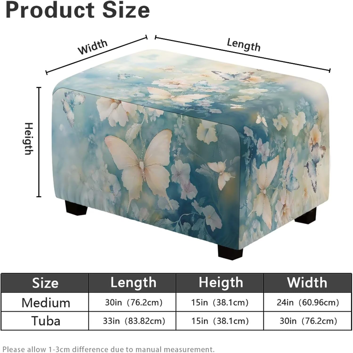 Blue Butterfly Floral Print Ottoman Cover Square, High Stretch Folding Storage Footstool Protector Rectangle Removable Slipcover for Foot Stool for Living Room, Small