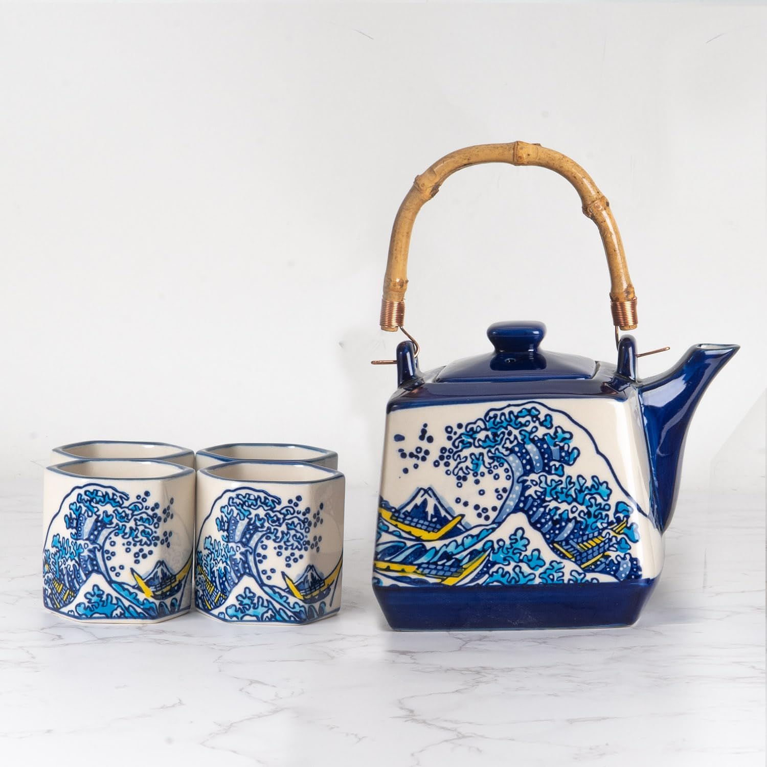 Japanese Style Perfect Square Shape Porcelain Tea Set Teapot with Strainer Wooden Handle and 4 Hexagon Tea Cups Handpainted Hokusai Kanagawa Wave Design Tea Set