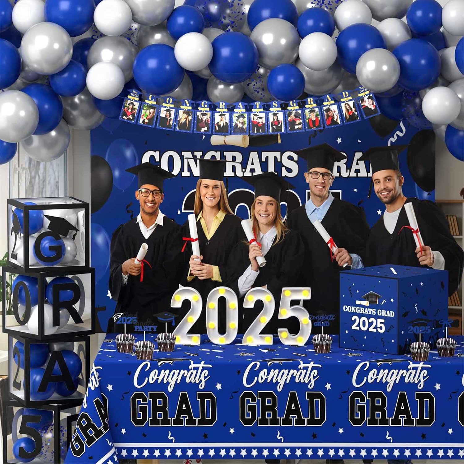 114 Pcs Graduation Decorations Class of 2025 Include Grad Backdrop Balloons Photo Banner Graduation Card Box Holder Balloon Boxes Cake Toppers Light up Numbers 2025 Tablecloth(Black, Blue)