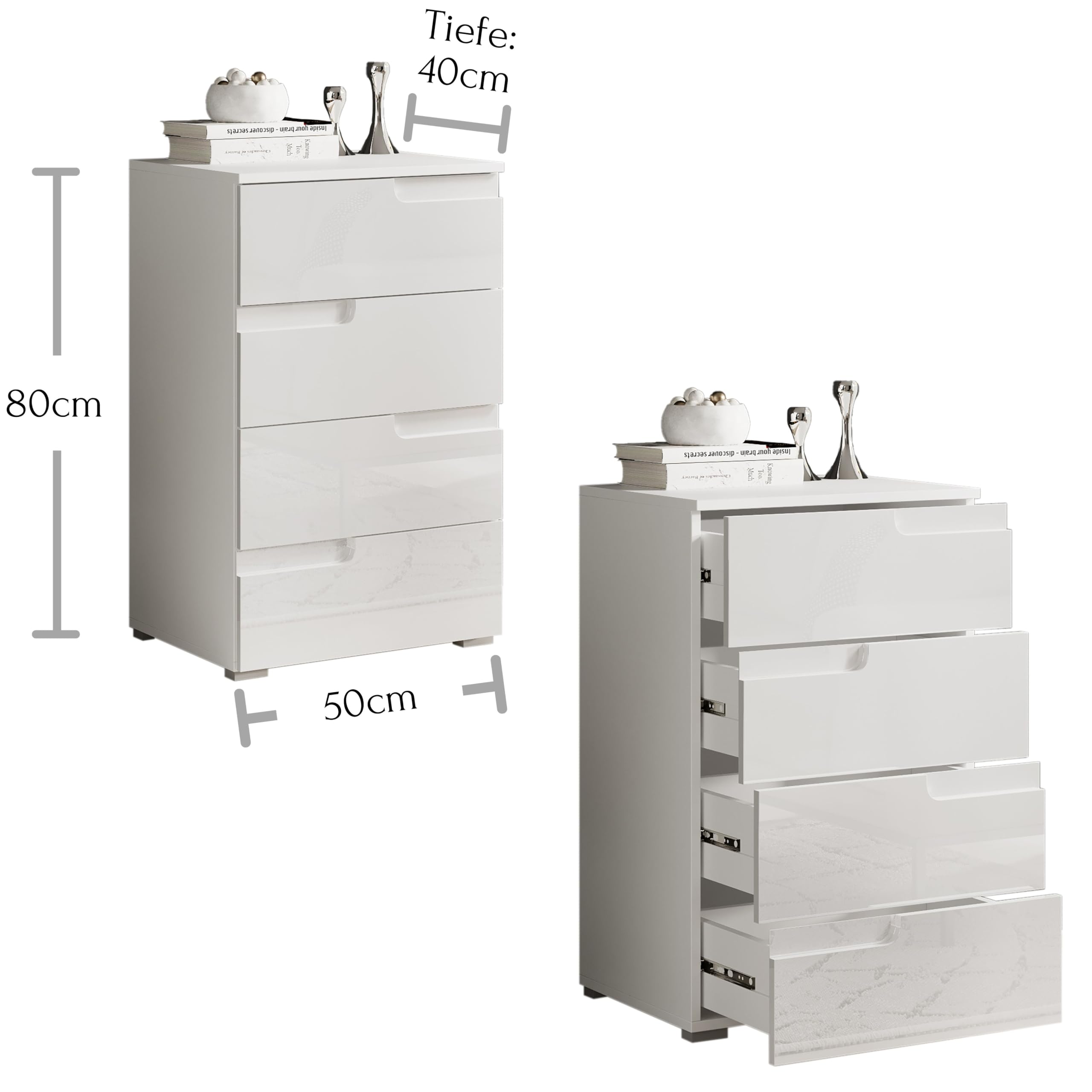 Stella Trading SPICE Kommode in Hochglanz Weiß - Modernes Sideboard mit viel Stauraum für Ihren Wohnbereich - 50 x 80 x 40 cm (B/H/T)