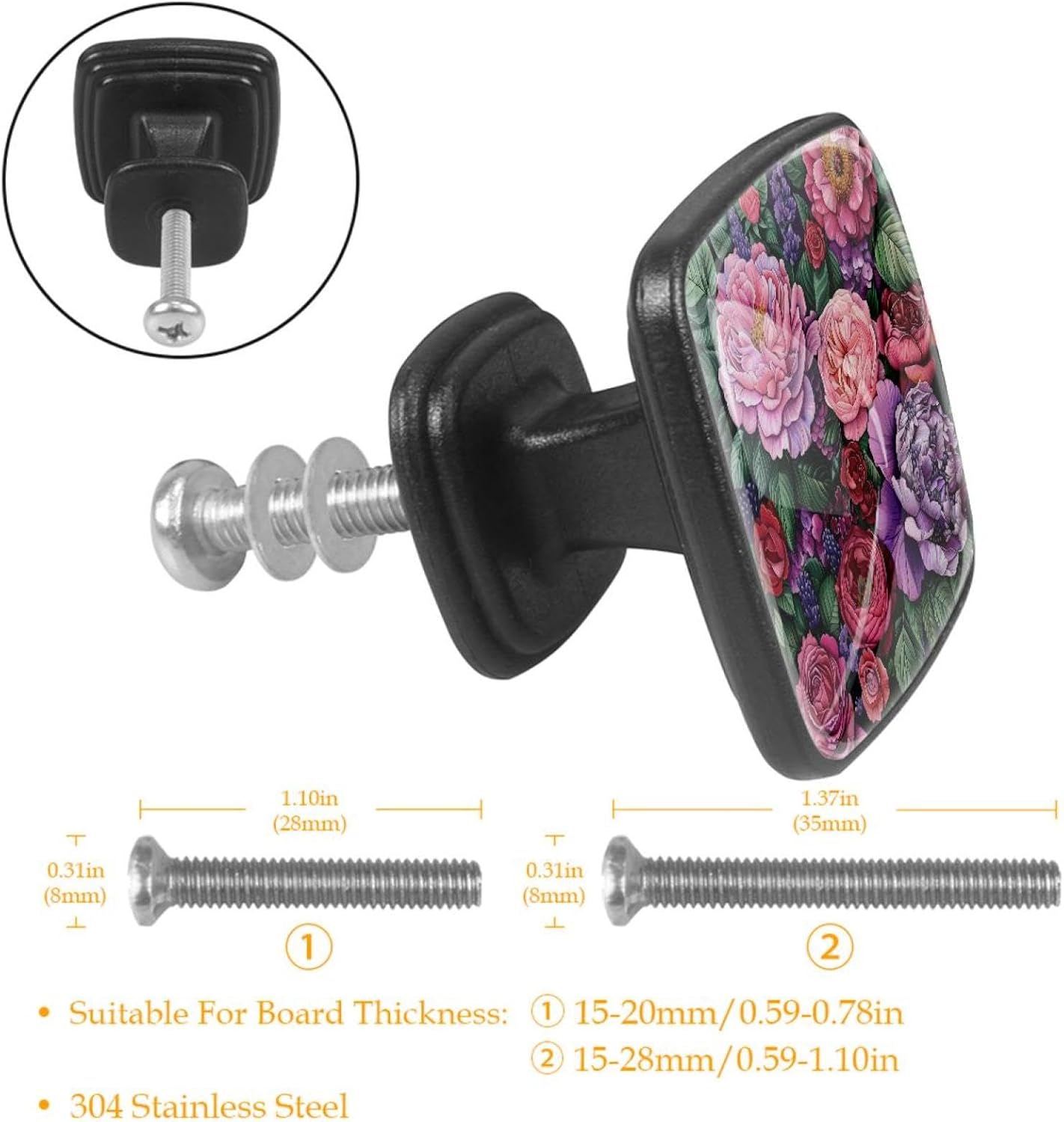 12 Pieces Beautiful Paris Eiffel Tower Pink Rose Glass Knobs for Dresser Drawers, 1.37 x 1.10 in Square Kitchen Cabinet Pulls for Home Office Nursery Kids Room