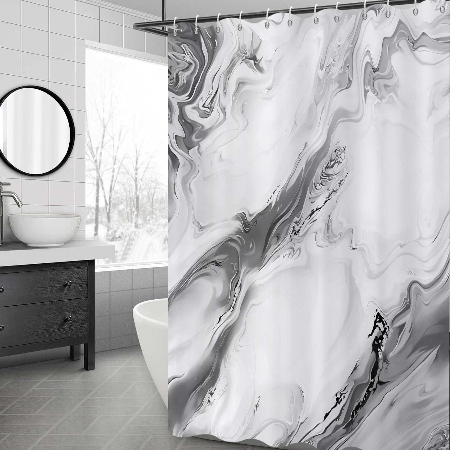 GCIREC Shower Curtain, 165x180cm, Gray Modern Abstract Art Watercolor Marble Gradient Waterproof Fabric Machine Washable Bathroom Curtain with Hooks