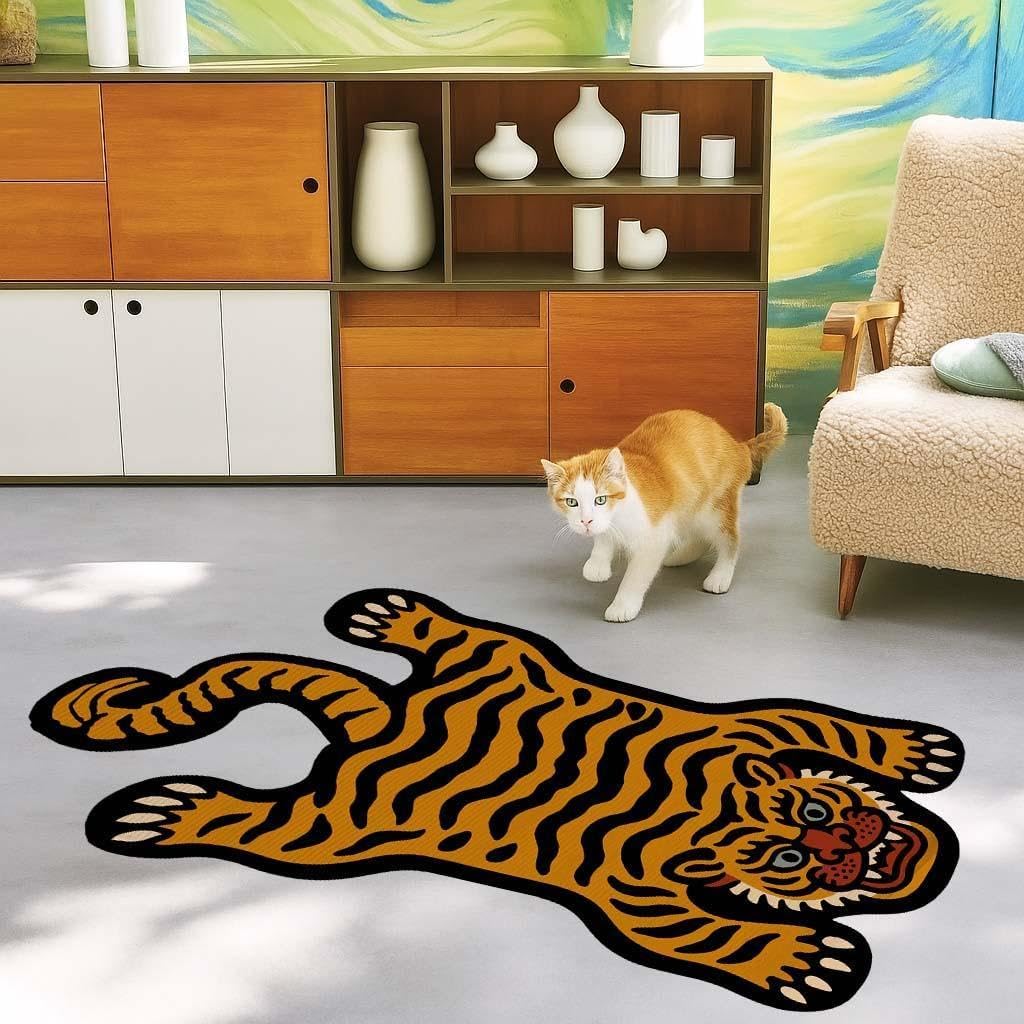 Tibetan Tiger Tufted Rug, 2x3ft Classic Boho Animal Carpet for Bedroom, Living Room, Entryway – Washable & Non-Slip Decorative Floor Accent