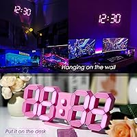 Vista 2 de KOSUMOSU Reloj LED rosa 3D de pared de 9.7 pulgadas, reloj de mesa para sala de estar, reloj digital moderno para dormitorio, estético, mesita