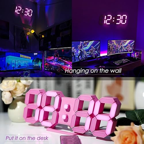 Miniatura 2 de KOSUMOSU Reloj LED rosa 3D de pared de 9.7 pulgadas, reloj de mesa para sala de estar, reloj digital moderno para dormitorio, estético, mesita de