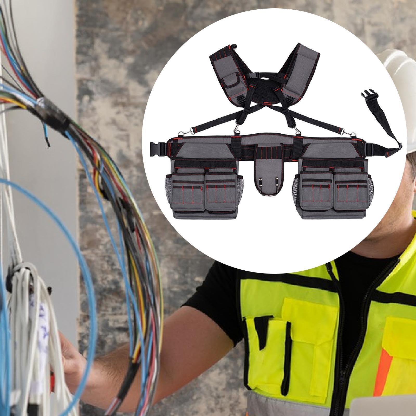 Ceinture Porte-outils avec Bretelles, Sacoche de Ceinture, Pochette Utilitaire Professionnelle étanche pour Les Travailleurs de La Construction, Gris Rouge