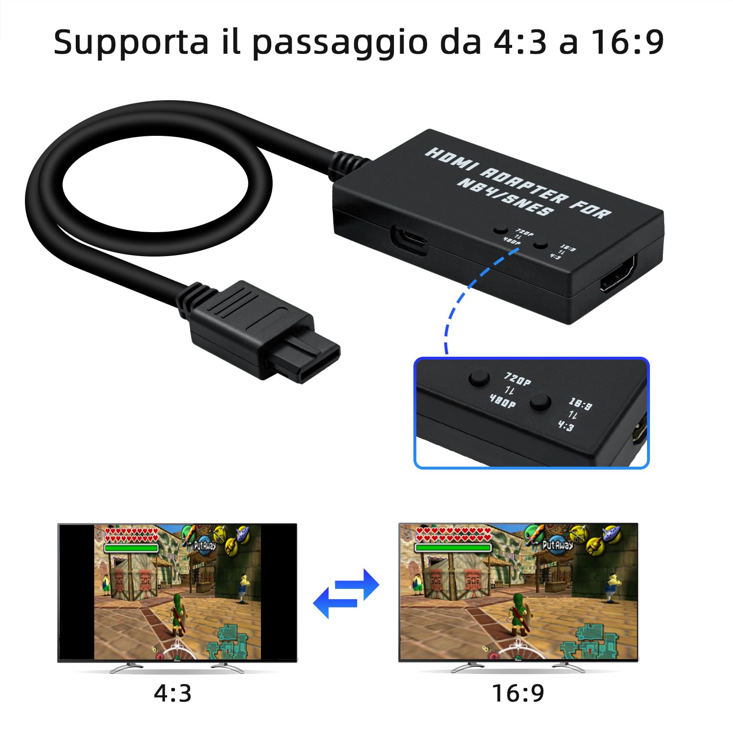 Mcbazel N64 a HDMI Convertitore Cavo HDMI per N64/SNES Console a Supporto HDTV 480p/720p/Audio Stereo/Aspect Ratio 16:9/4:3