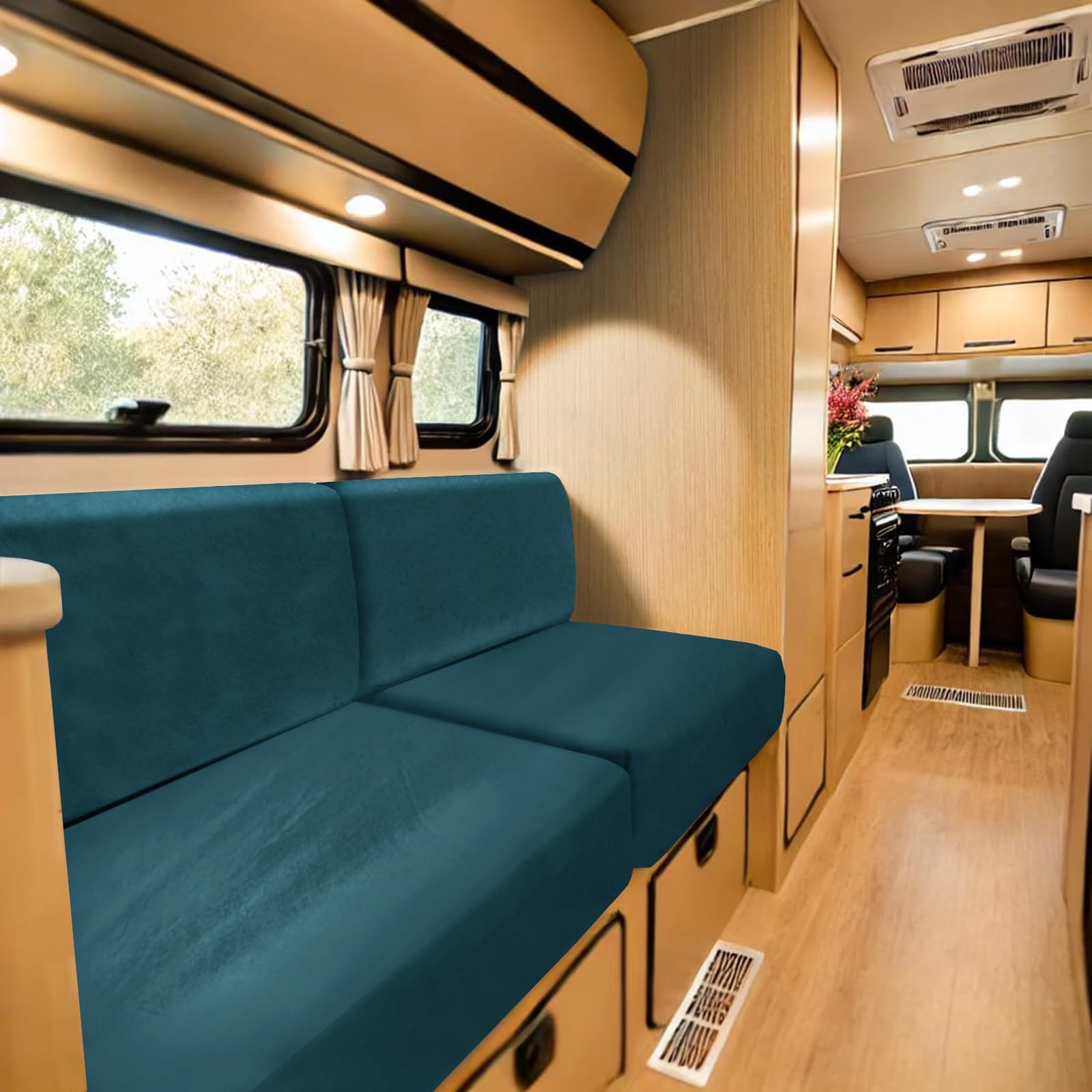 SYLC Stretch Caravan Seat Covers, Non-slip Motorhome Seat Covers for Lounge with 2 Straps, Velvet Sofa Cushion Covers for Couch Camper Bench (dark teal,Rectangle S)