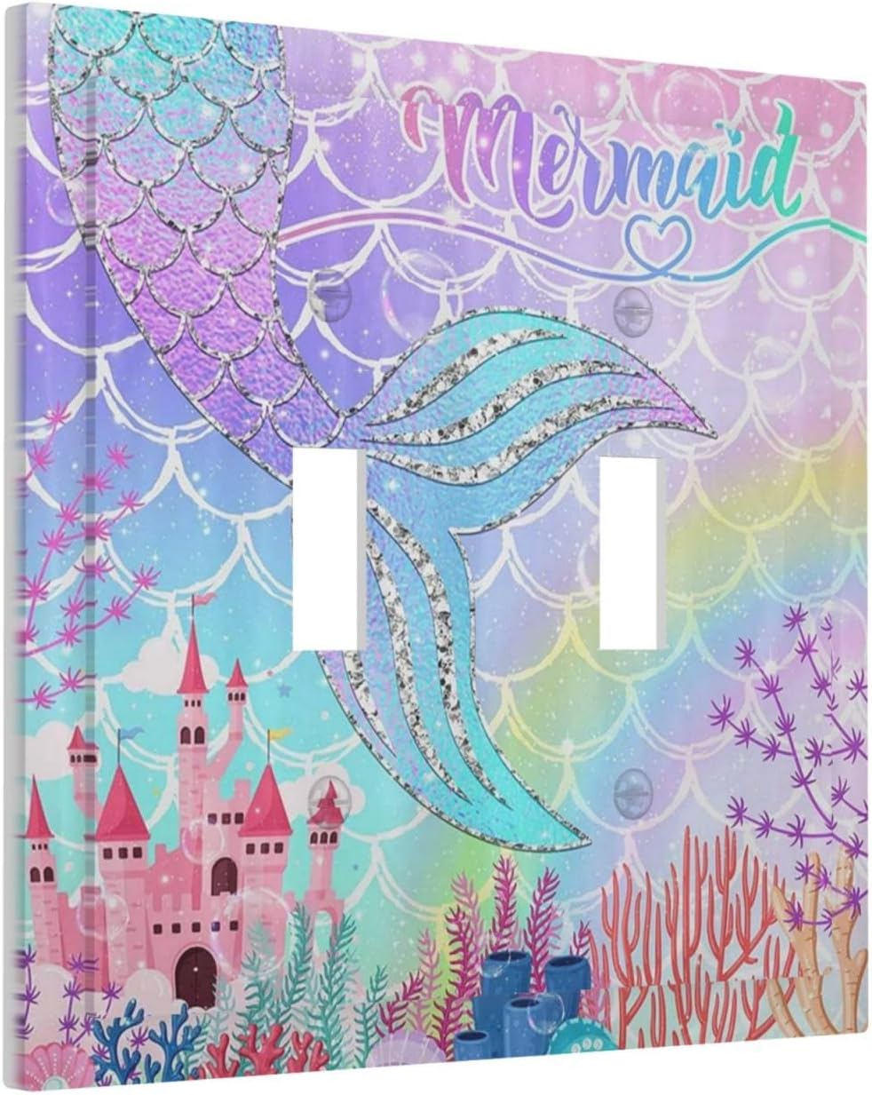 Silvery Glitter Cute Mermaid Tail Fantasy Castle Double Toggle Light Switch Covers 2 Gang Wall Plate Dual Decorative Switchplate Electrical Faceplate for Kidroom Nursery Bedroom Kitchen Decor image 2