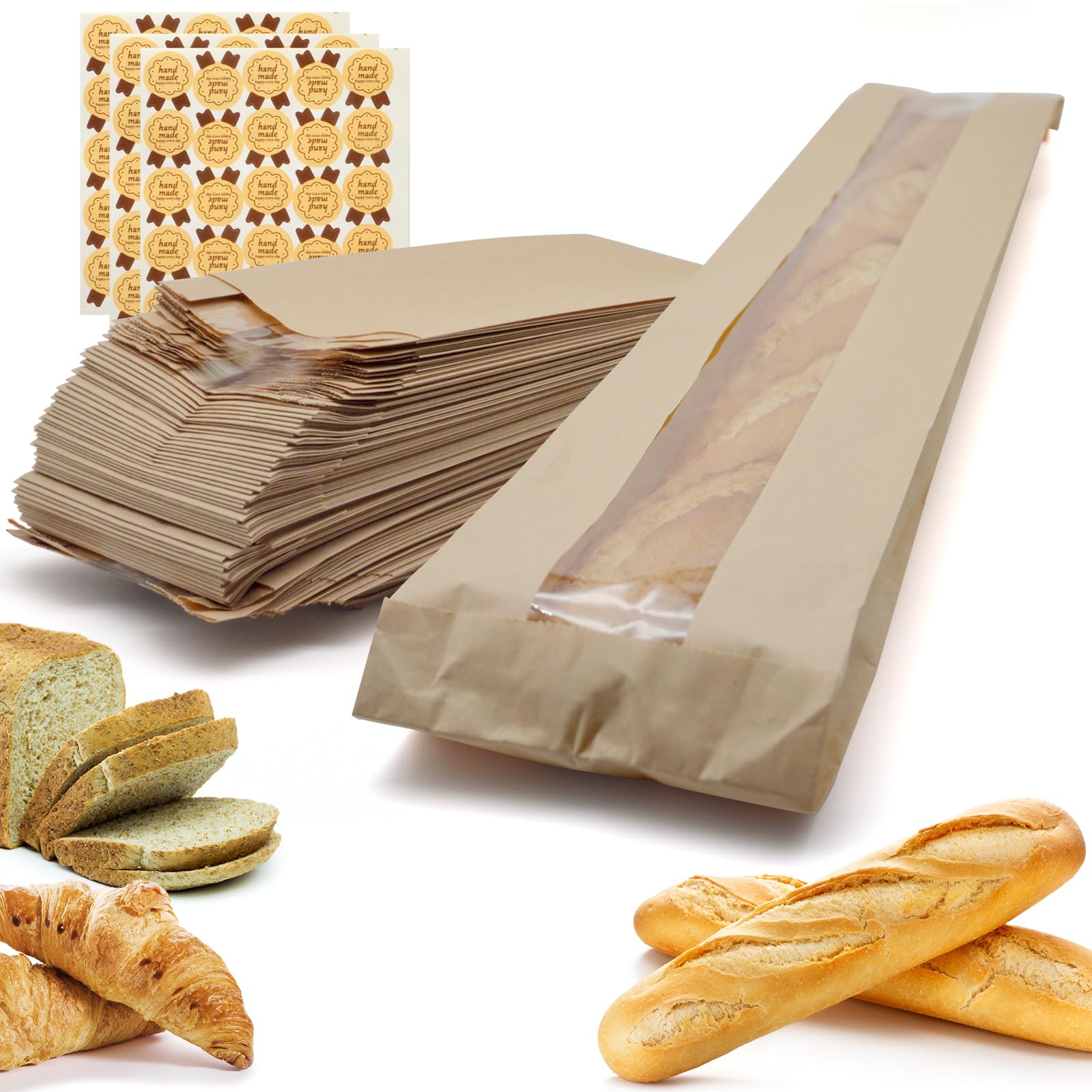 Paquete de 65 bolsas de papel para pan con calcomanías, bolsas largas de pan francés, bolsas de papel kraft con ventana transparente para pan casero y almacenamiento de alimentos horneados