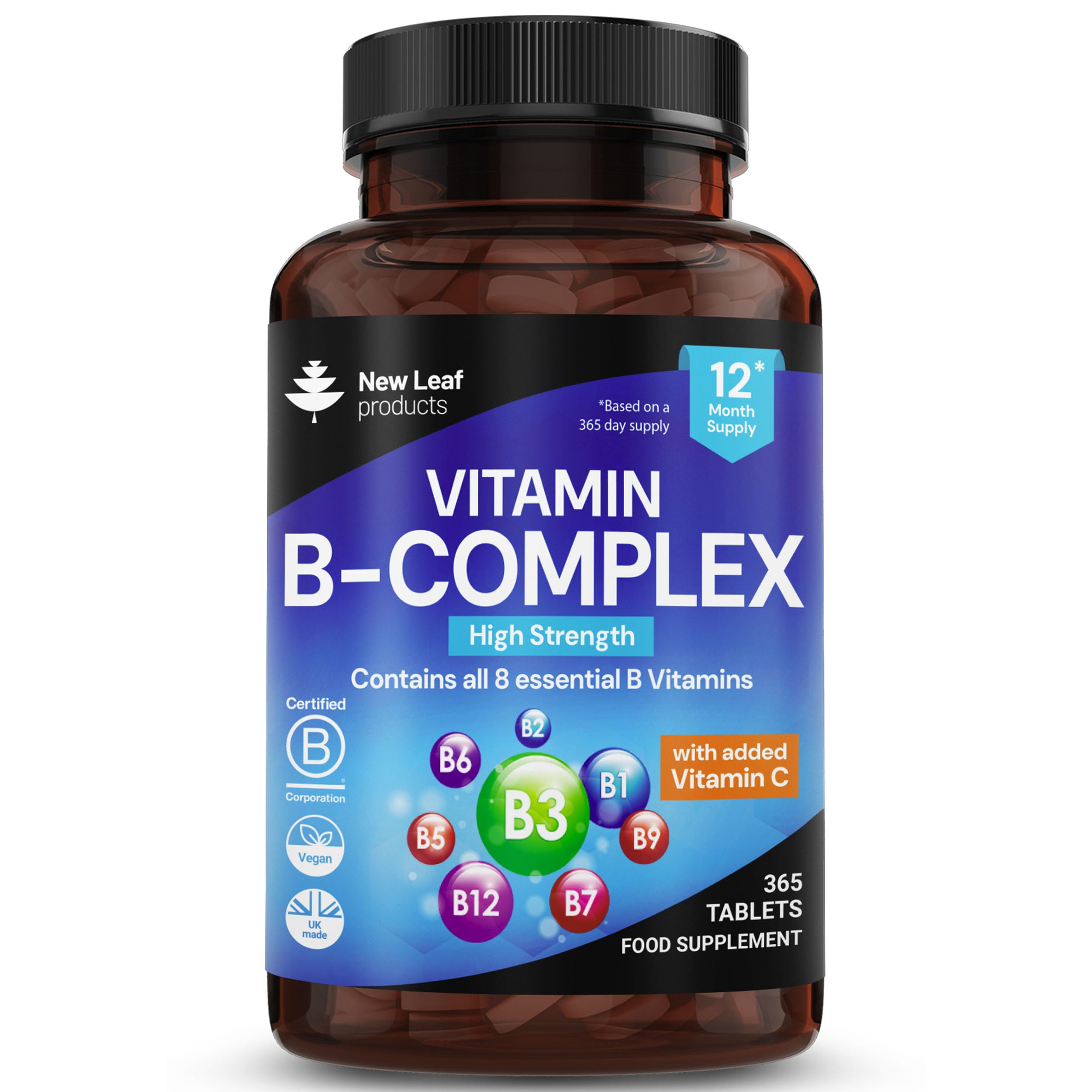 Vitamin B Complex - 365 Small Tablets - All 8 B Vitamins B1-B2-B3-B5-B6-B12, (1 Year Supply) High Strength Biotin, Folic Acid and Vitamin C - Reduction of Tiredness, Energy & Immune Support - UK Made
