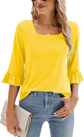 Poetsky Womens Casual 3/4 Sleeve Tops Summer Square Neck T Shirts Ruffle Loose Fit Tunic Blouses S-3XL