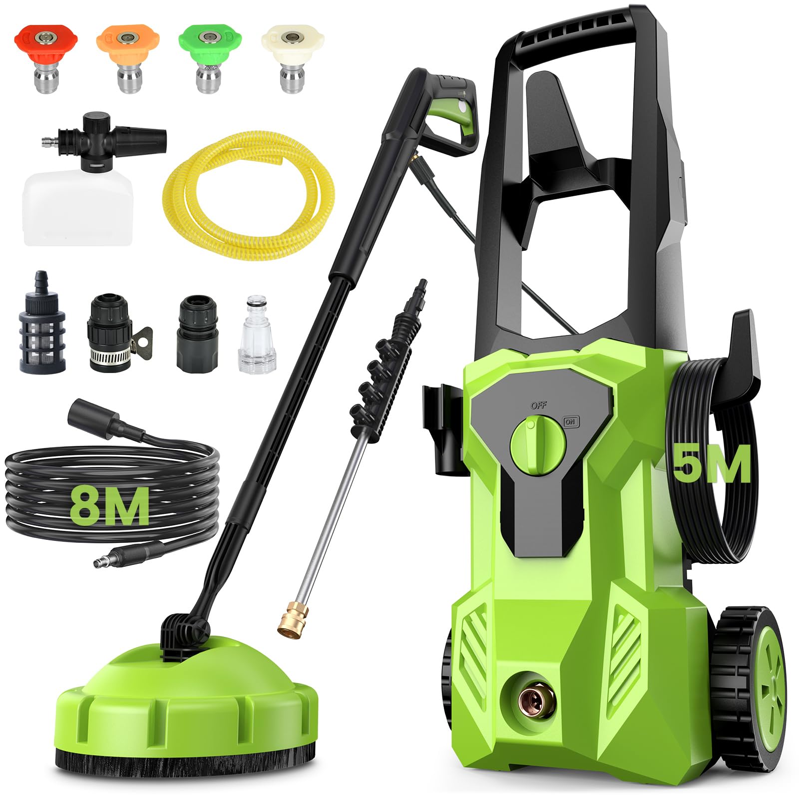 Hidrolimpiadora, Máx. 160 Bar, Caudal: 540 L/H, Hidrolimpiadora De 2000W con Pistola Pulverizadora, Manguera De 8 m, Pistola Pulverizadora, Filtro, Cepillo Giratorio, Lavado a presión