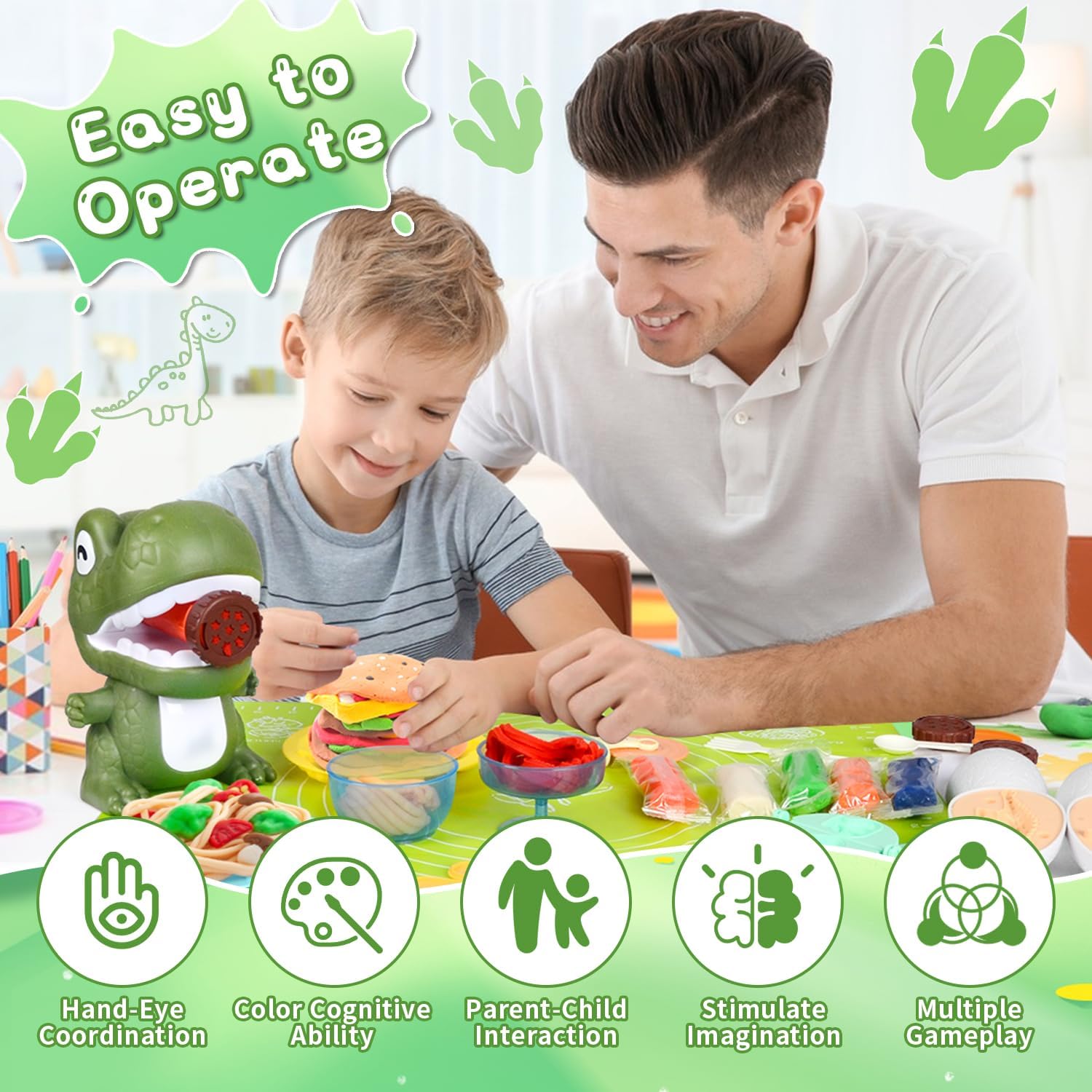 Dough Sets for Kids 3-8, Dinosaur Dough Toys Set, Play Kitchen Noodle Maker, Kitchen Color Dough with Dinosaur Eggs Modle and Apron, Play Toys for Kids Creations Ice Cream/Noodle/Cooking