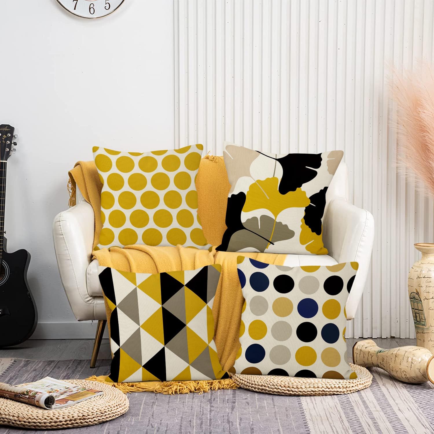 Set of 4 Abstract Throw Pillow Covers Ginkgo Modern Simple Geometric Pattern Pillowcase Square Linen Cushion Cover 22 x 22 Inches Outdoor Patio Living Room Couch Sofa Car Decor