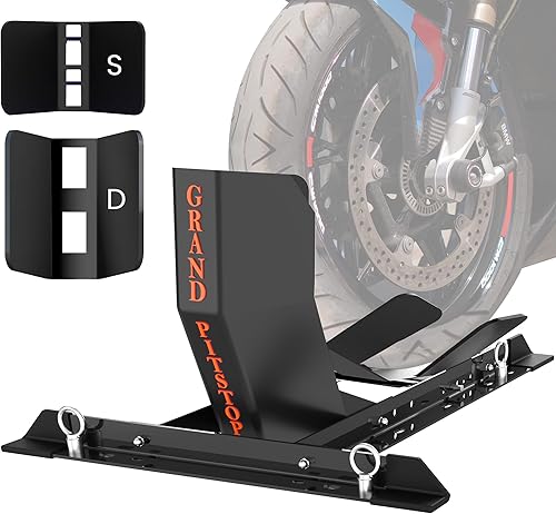 Miniatura 7 de GRAND PITSTOP Calzo de rueda universal para soporte de motocicleta para remolque, completamente ajustable, desmontable y plegable (negro)