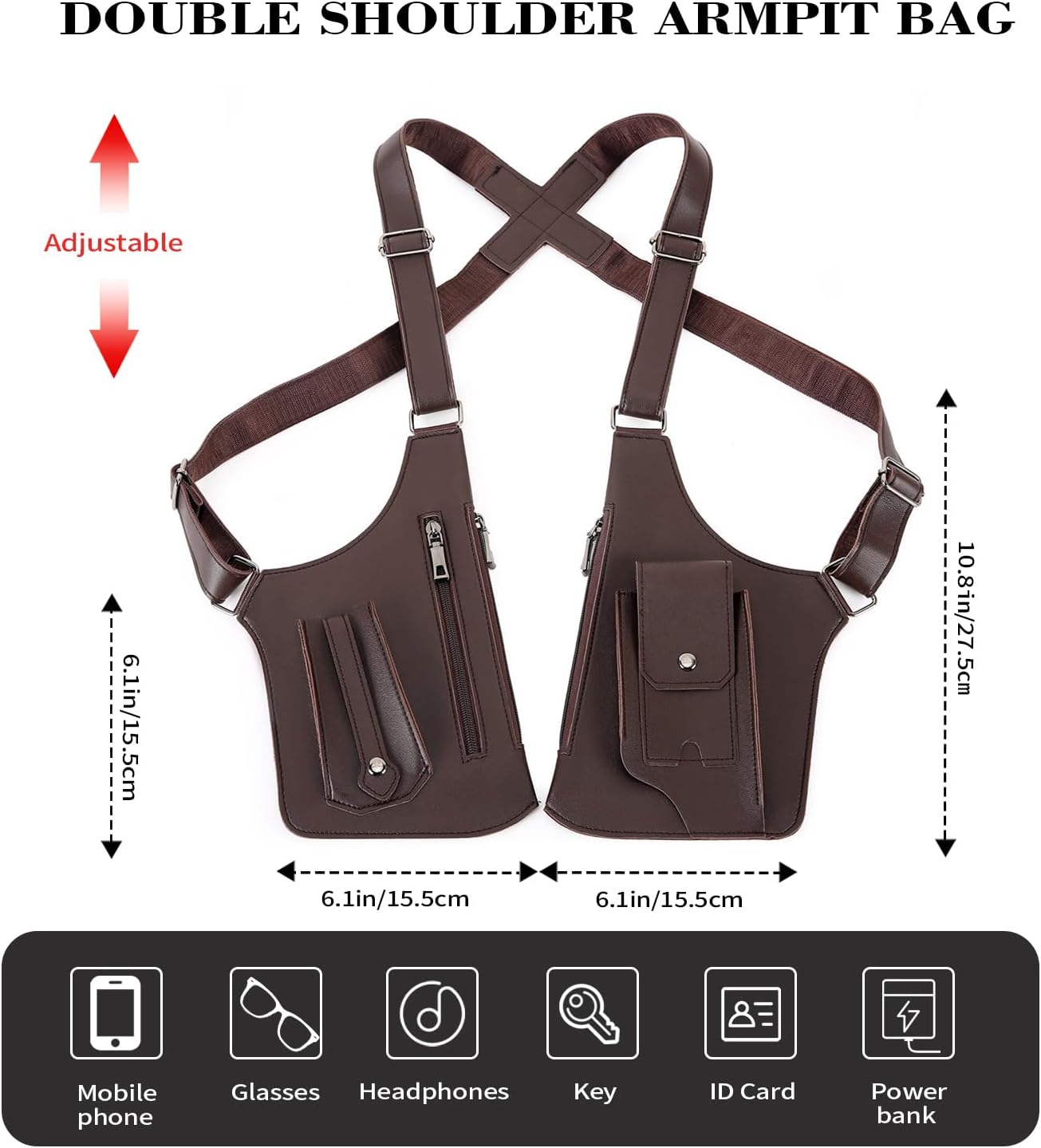 Double Shoulder Armpit Bag for Men, Leather Shoulder Bag - Anti-Theft Underarm Wallet & Phone Pouch with Adjustable Strap, Hidden Chest Bag for Travel & Outdoor (Brown)