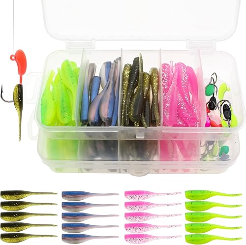 Lilureena Kit de señuelos de pesca de gusano, juego de señuelos de plástico suave con anzuelos de pesca, cebos de pesca, mini gusano Senko para