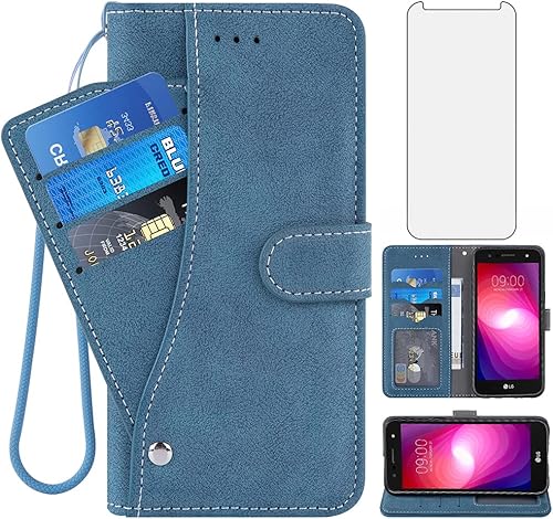 Compatible with LG X ChargeFiesta 2 LTEX Power 2X5LV7 Wallet Case and Tempered Glass Screen Protector Flip Cover Card Holder Cell Phone Cases for