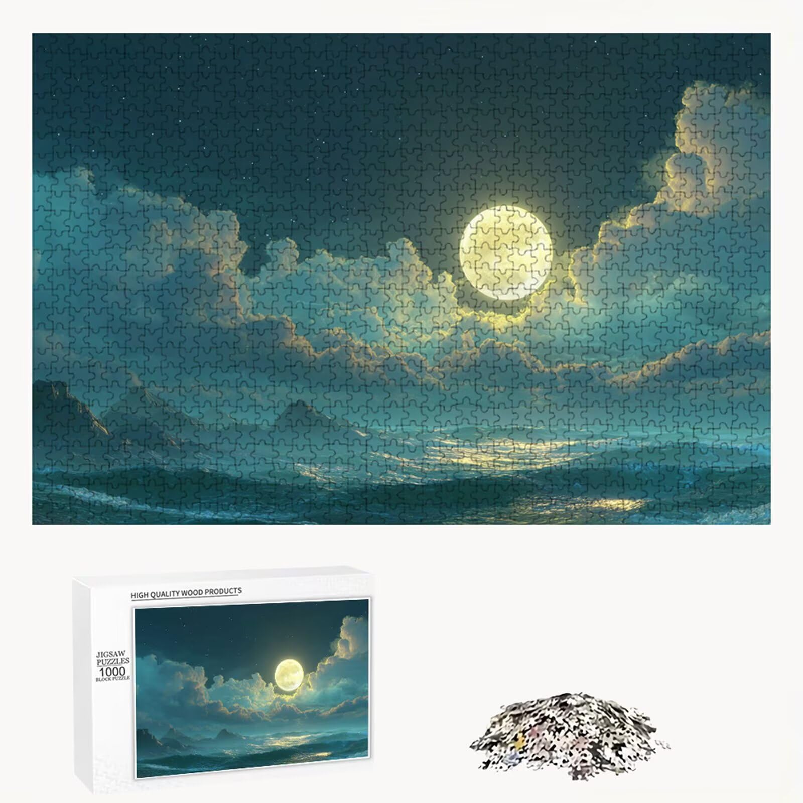 Puzzle Adulti - Luna & Oceano - 700 Pezzi Fabbricazione in Legno Robusto - Decorazione Murale con Poster - Prodotto Riservato ad Adulti e 14 Anni in Su (52x38cm) P3#676