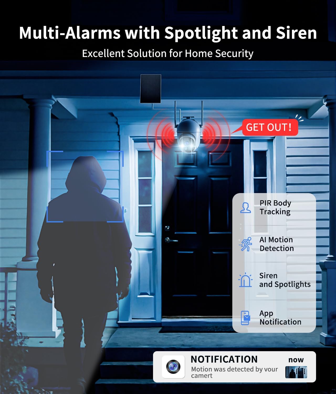 2K Solar Security Cameras Wireless Outdoor, 360° PTZ Outdoor Camera for Home Security with Color Night Vision, Battery Powered, PIR Detection, Spotlight Siren Alarm, Only 2.4Ghz WiFi - Image 4