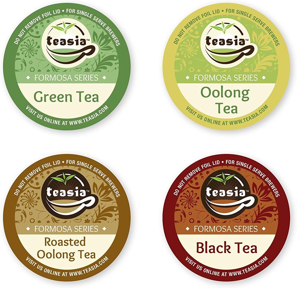 Teasia Tea Pods Variety Sampler Pack (36-count) Formosa Series: Green, Oolong, Roasted Oolong, & Black Tea, Hot & Iced Single Serving Capsules Compatible with Keurig 2.0 Brewers