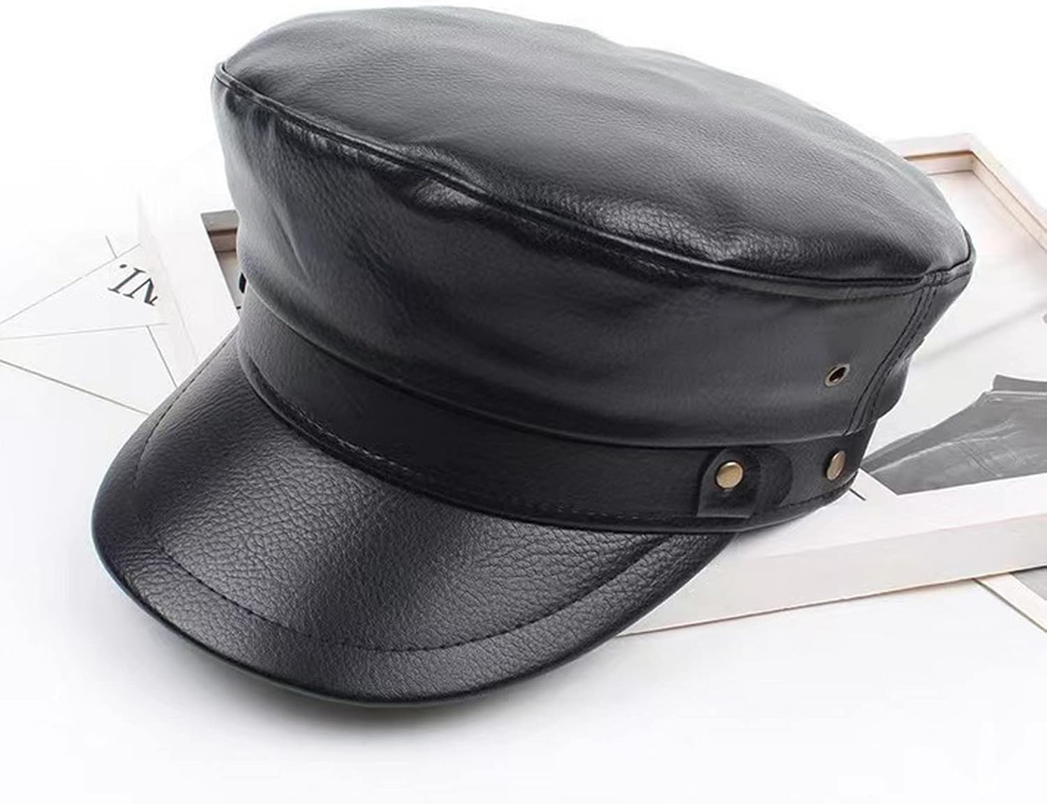 Brcus Women Yacht Captain Sailor Hat PU Newsboy Cabbie Baker Boy Peaked Beret Cap - Image 2