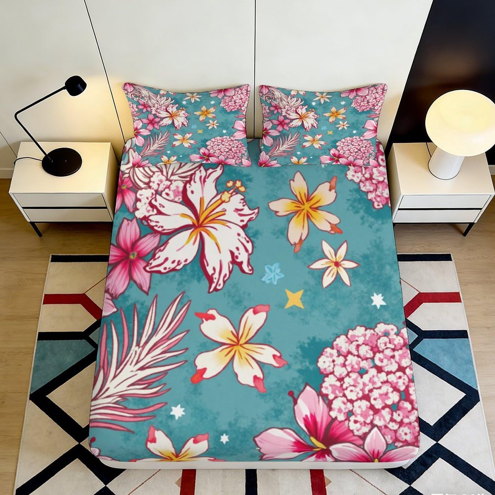 Pnayamiorkfel Style-8 3D Printed Tropical Floral Fitted Sheet Microfiber Soft Blue Botanical Mattress Cover For Bedroom Guest Room Decor 90X200x25cm