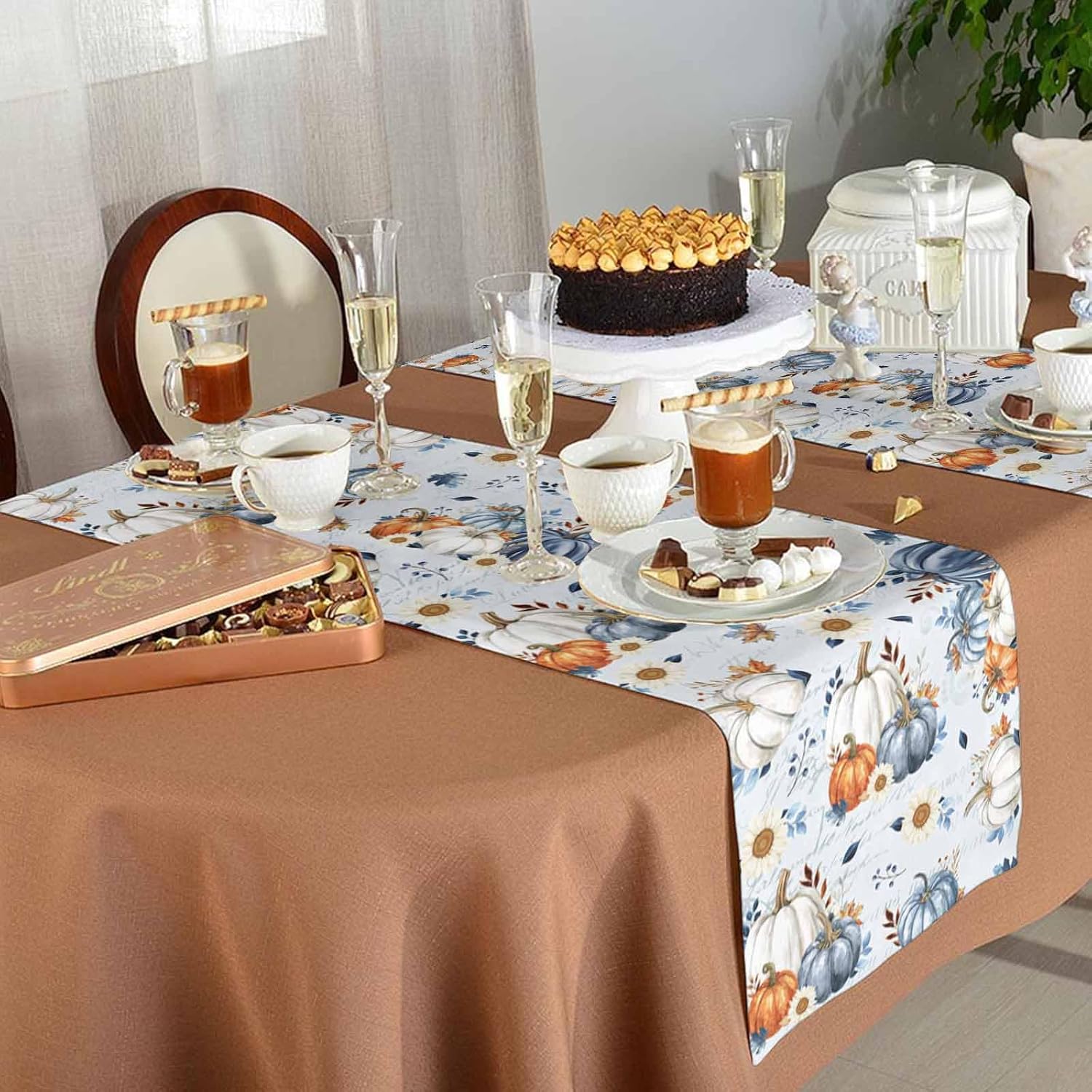Thanksgiving Blue Pumpkins Table Runner 120 Inches Long Fall White and Orange Pumpkins Dresser Scarf Rustic Sunflowers Kitchen Dining Table Decoration for Dresser Home Party Holiday 13 x 120 Inch