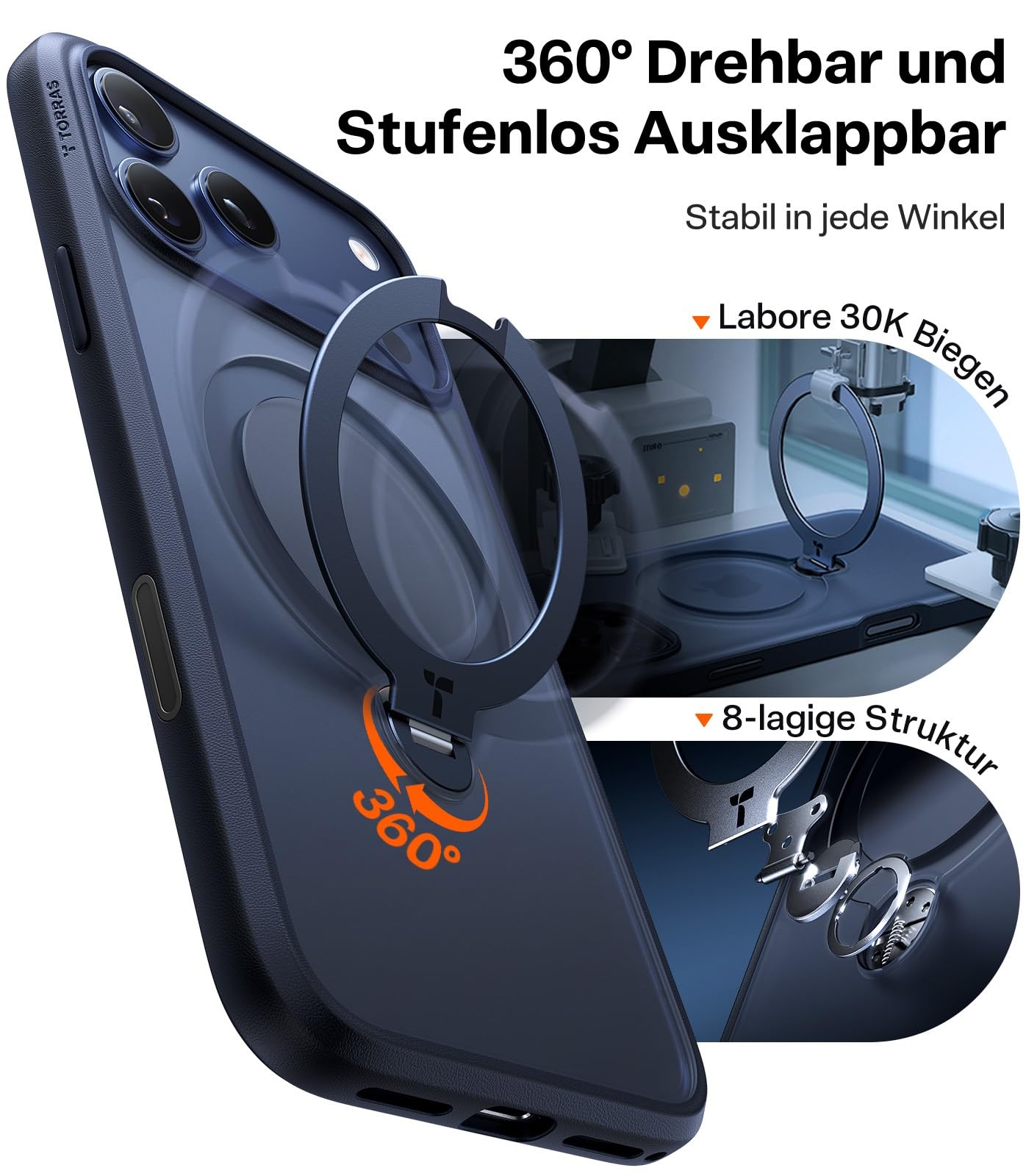TORRAS Ostand Q3 Spin für iPhone 17 Pro Hülle (360°Stabilen Ständer für Magsafe) Militärschutz Handyhülle für iPhone 17 Pro Case mit Kamera-Tastenschutz Schlank Kratzfeste Matt Rückseite Blau