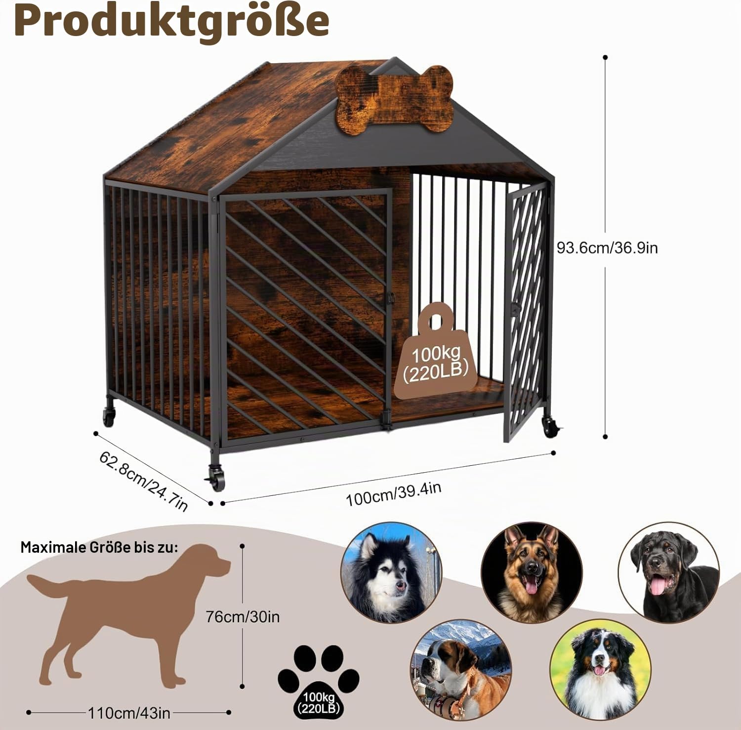 Hundekäfig Möbel, 100 cm Hundebox, Kissen, Rollen, Haustier-id | Hundeschrank für Groß Hunde, Moderne Hundebox für Zuhause, Abschließbar Tür hundekiste, 100×63×94 cm