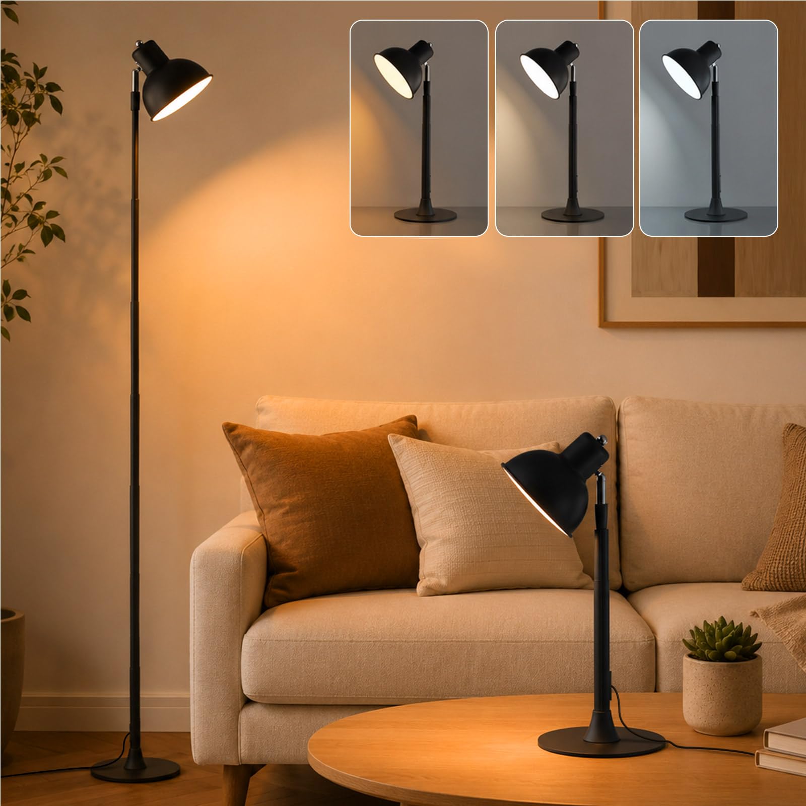 SERBASIC Dimmable LED Floor Table Lamp with USB, 3 Color Temperatures Adjustable Height for Dining Bedroom Office