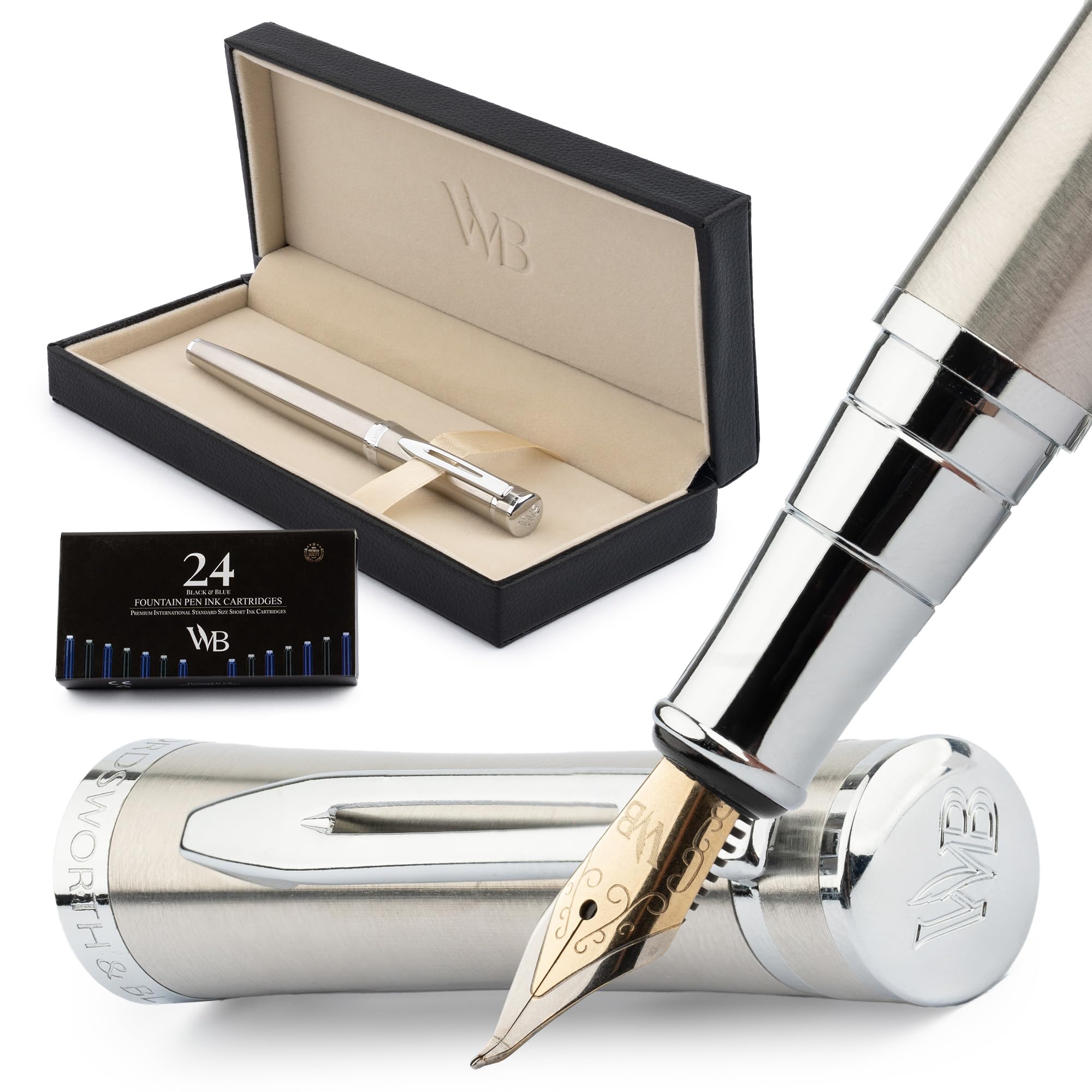 Wordsworth & Black Fountain Pen Set, Curved Nib, 24 Pack Ink Cartridges, Ink Refill Converter and Gift Box Included, Chrome Finish, Calligraphy, [Silver Chrome], Perfect for Men and Women : Office Pro