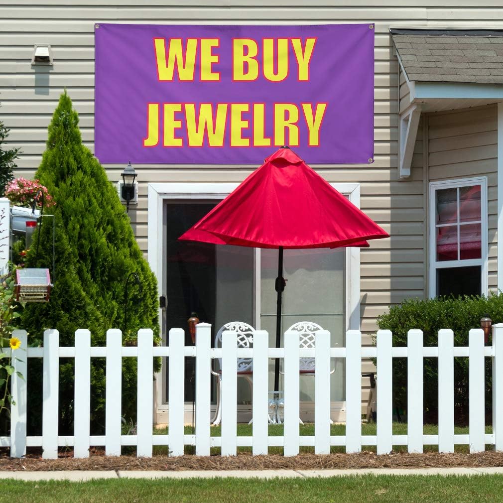 Vinyl Banner Multiple Sizes We Buy Jewelry Advertising Printing D Business Outdoor Weatherproof Industrial Yard Signs Lavender 4 Grommets 16x40Inches