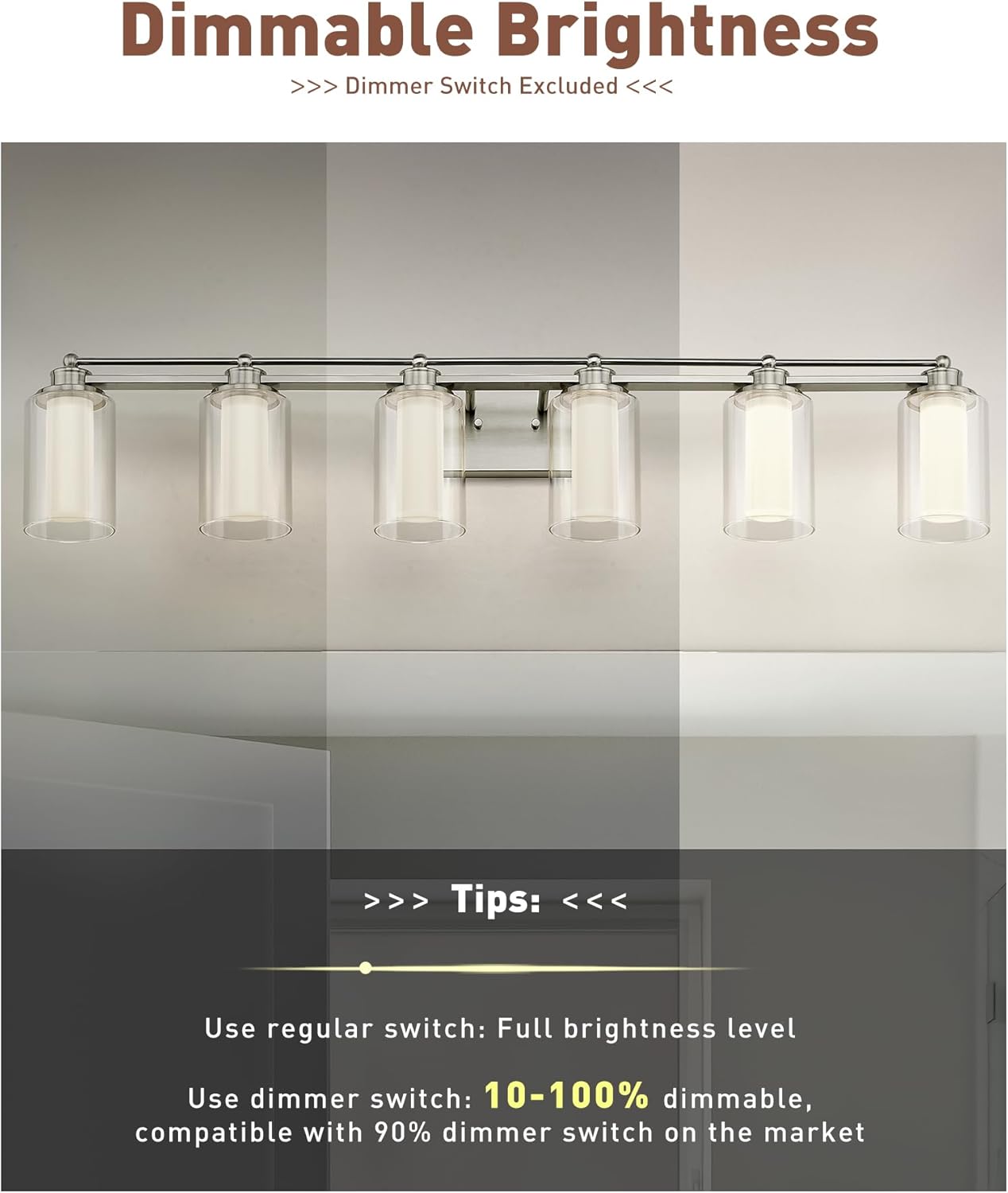 6 Light Bathroom Vanity Light, HWH Brushed Nickel Vanity Lights for Bathroom, Modern Vanity Lights Over Mirror with Clear Glass Shade, 36W 5CCT LED Wall Lights Dimmable, 5HLT63B-6W-LED BN