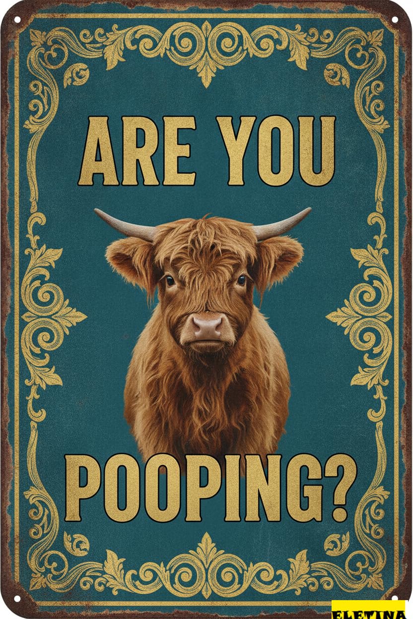 Personalized Sign for Man Cave Funny Highland Cow Are You Pooping Tin Vintage Metal S Bathroom Washroom Toilet Wall Decor 8x12in Private Property Decorative